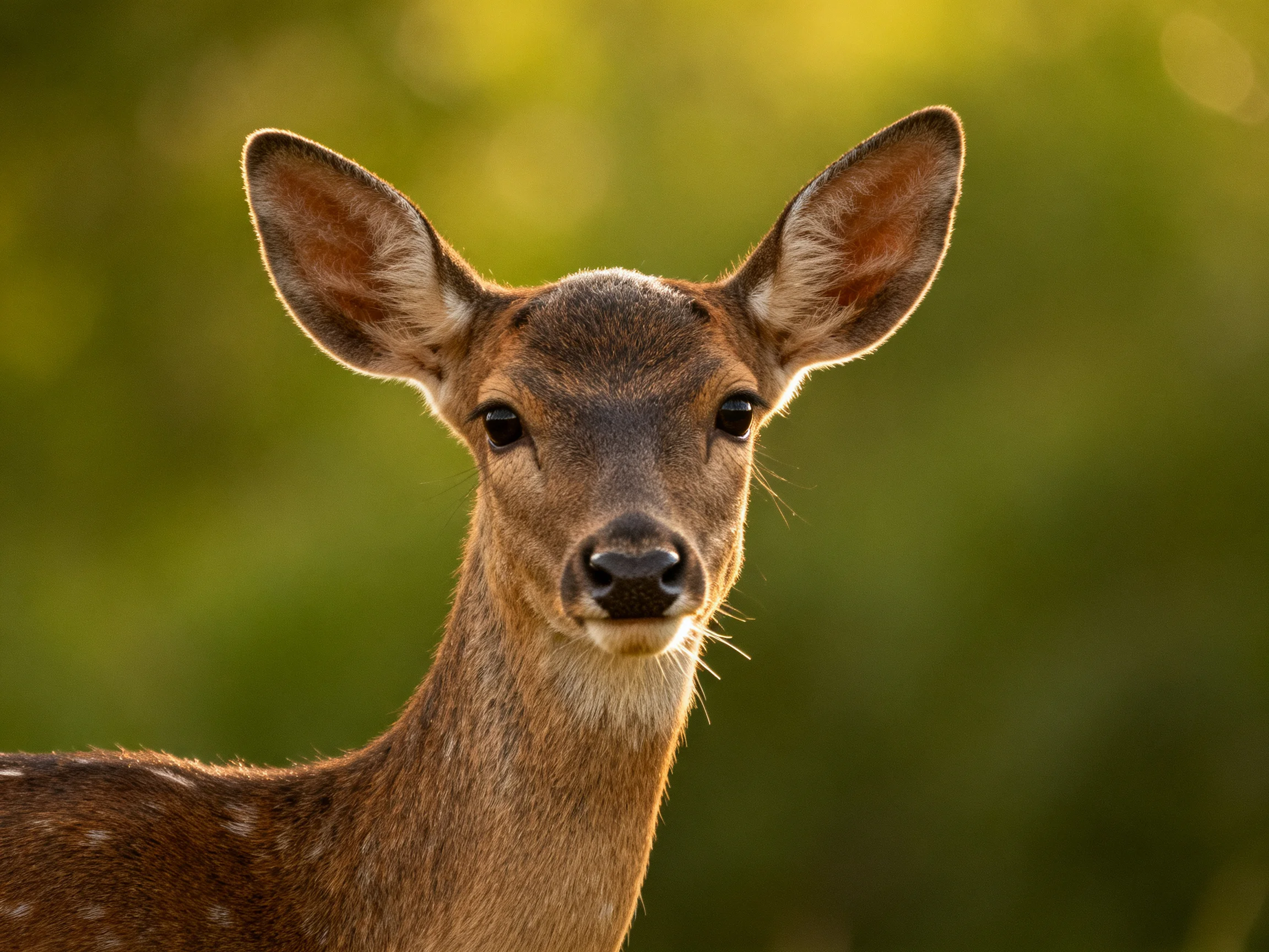 A close - up of a young spotted deer with large ears in a sunlit natural environment.