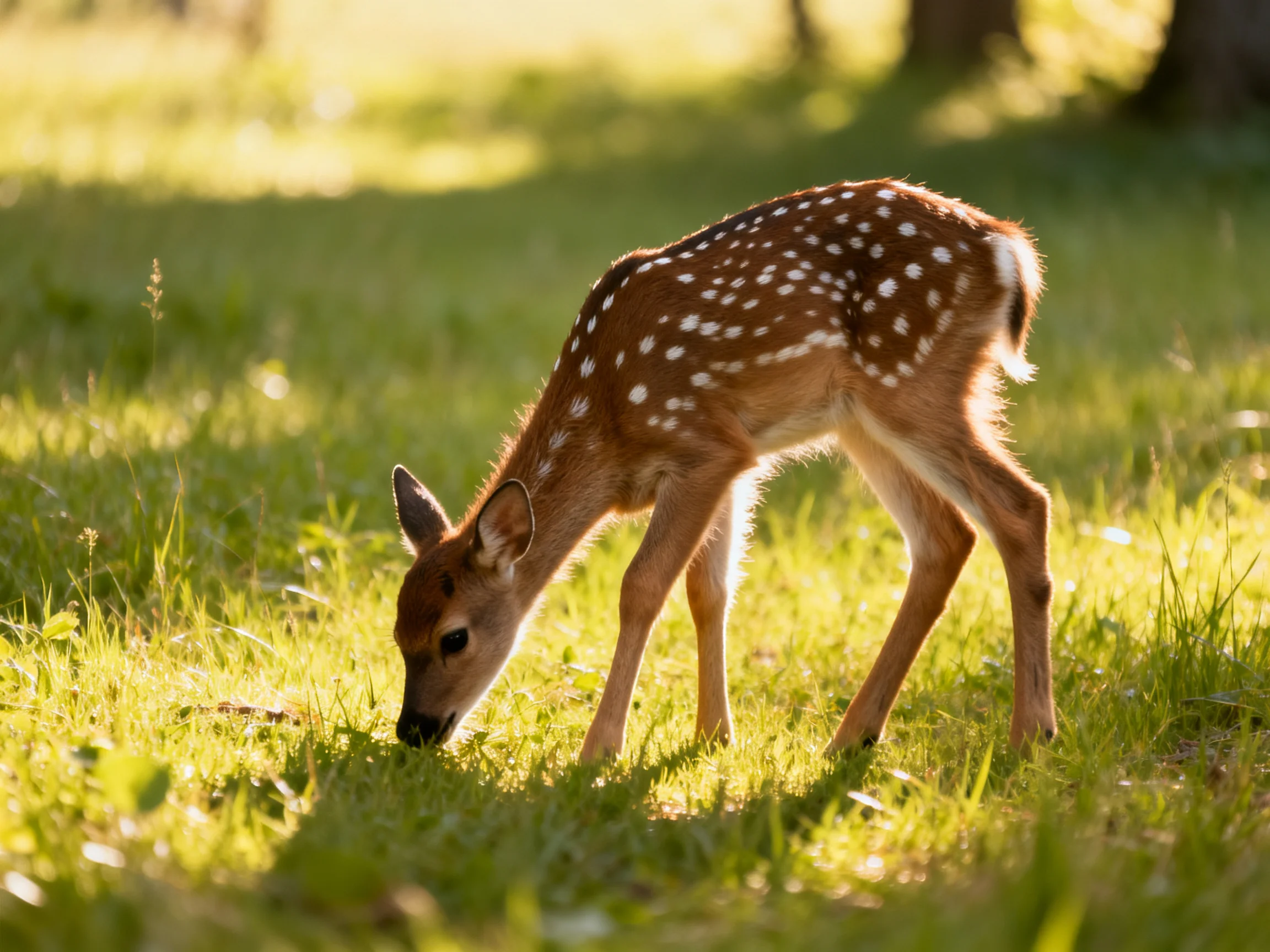 A young deer with white spots eats grass in a sunlit outdoor space.