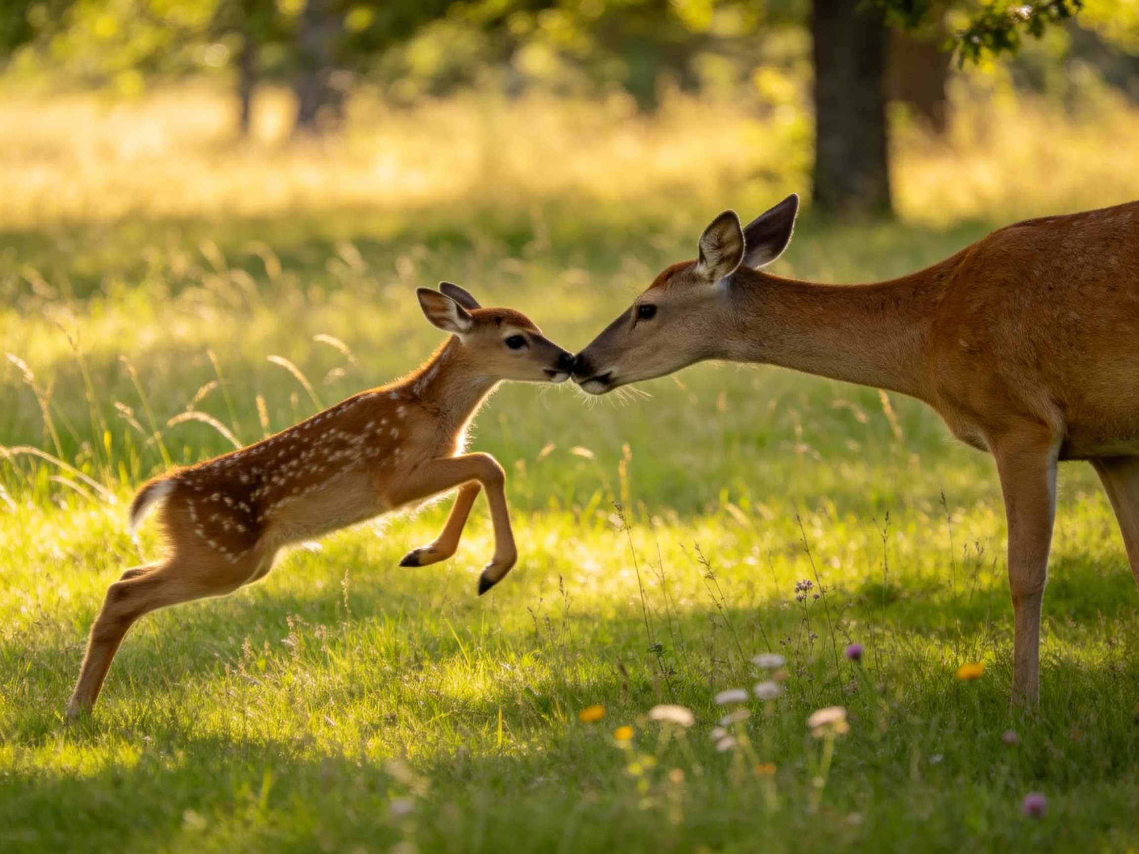 A young spotted fawn leaps toward an adult deer in sun-dappled meadow