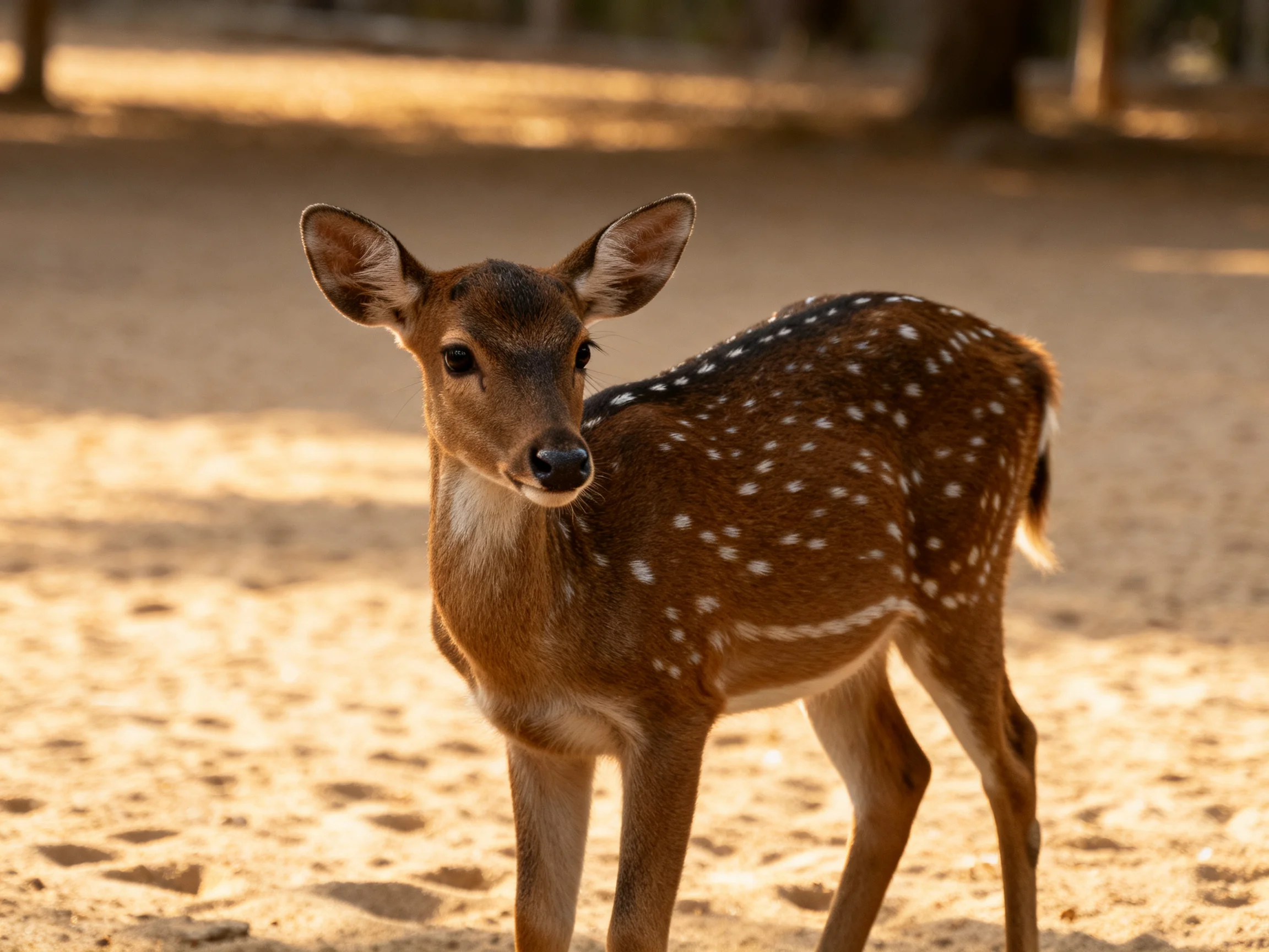 A young spotted fawn stands on sandy ground in warm sunlight