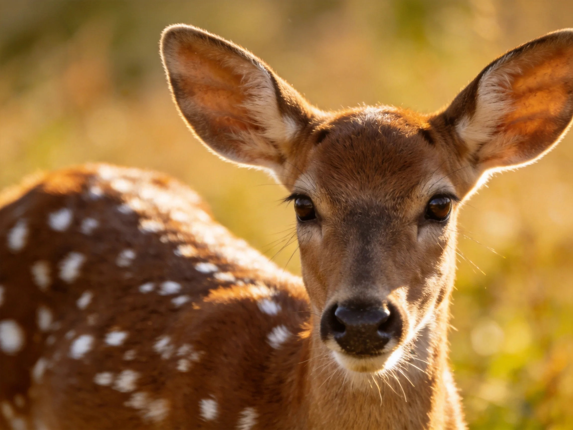 A young spotted fawn with large ears in a sunlit meadow