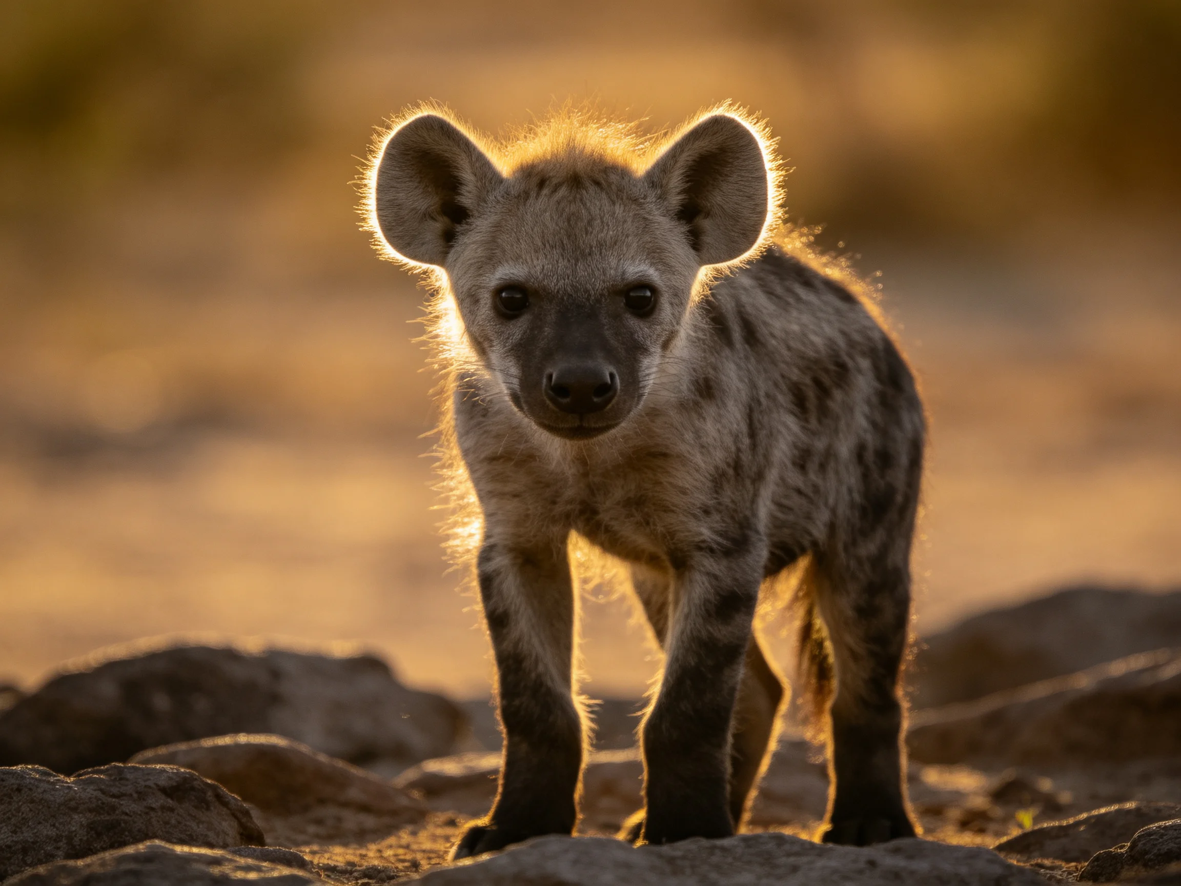 A young spotted hyena cub illuminated by golden sunlight
