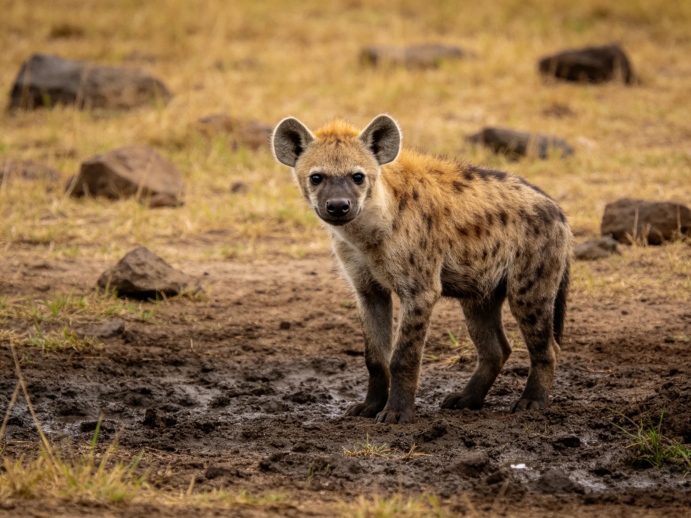 A young spotted hyena cub in a muddy savannah landscape