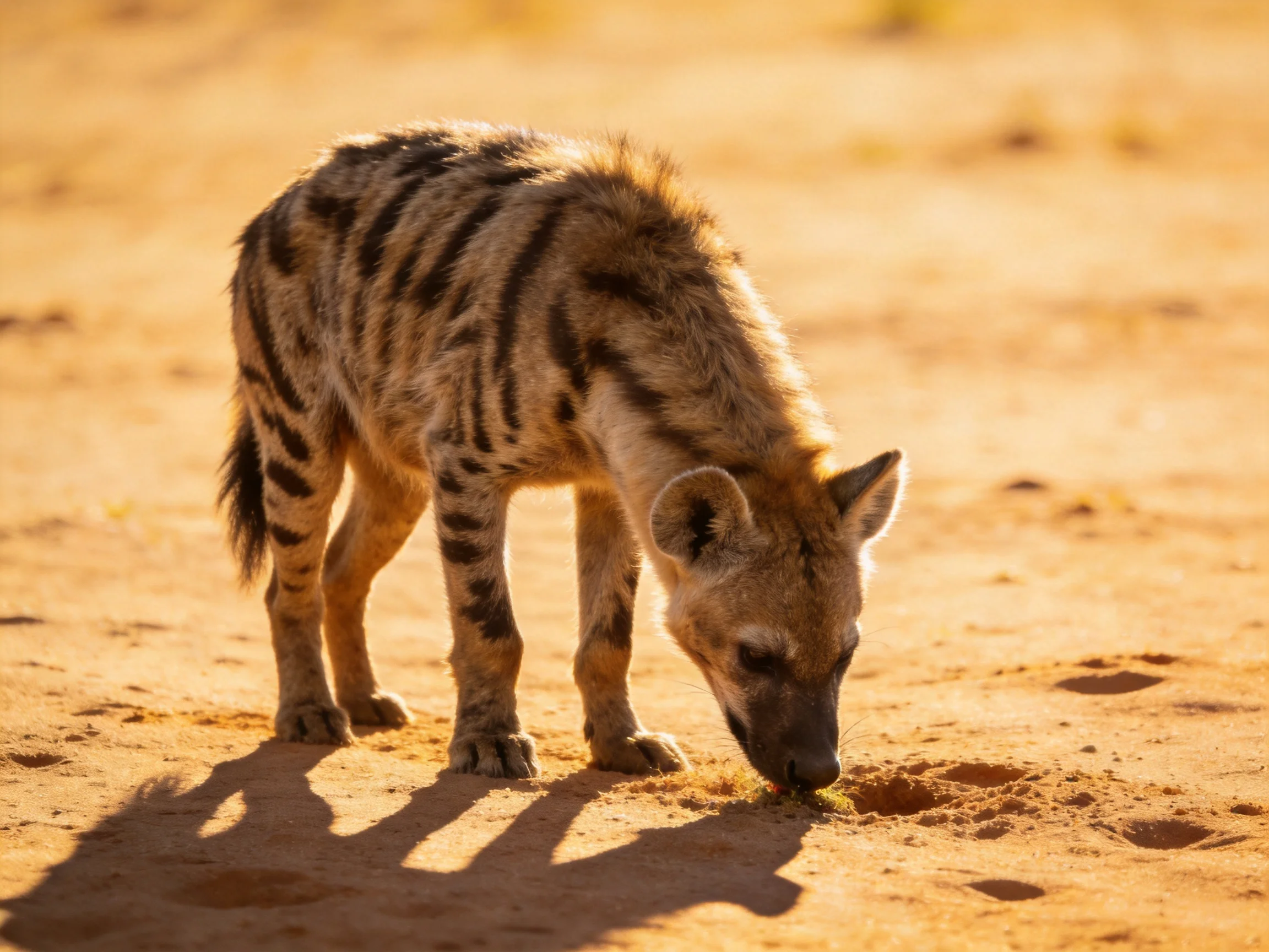 A young spotted hyena forages on sun-baked desert sand