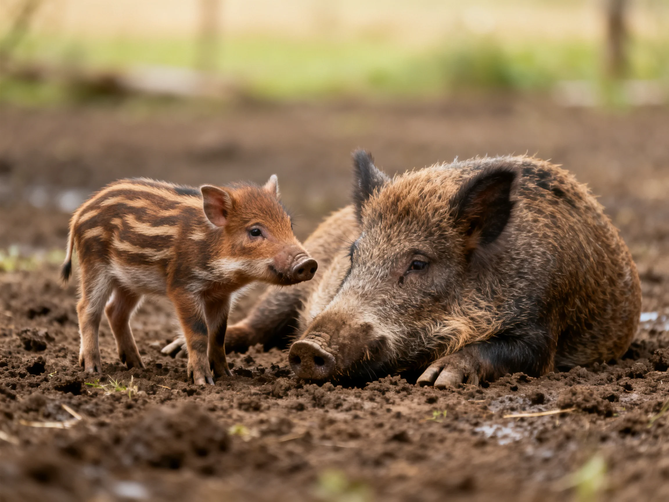 A young striped piglet and adult boar rest on muddy earth
