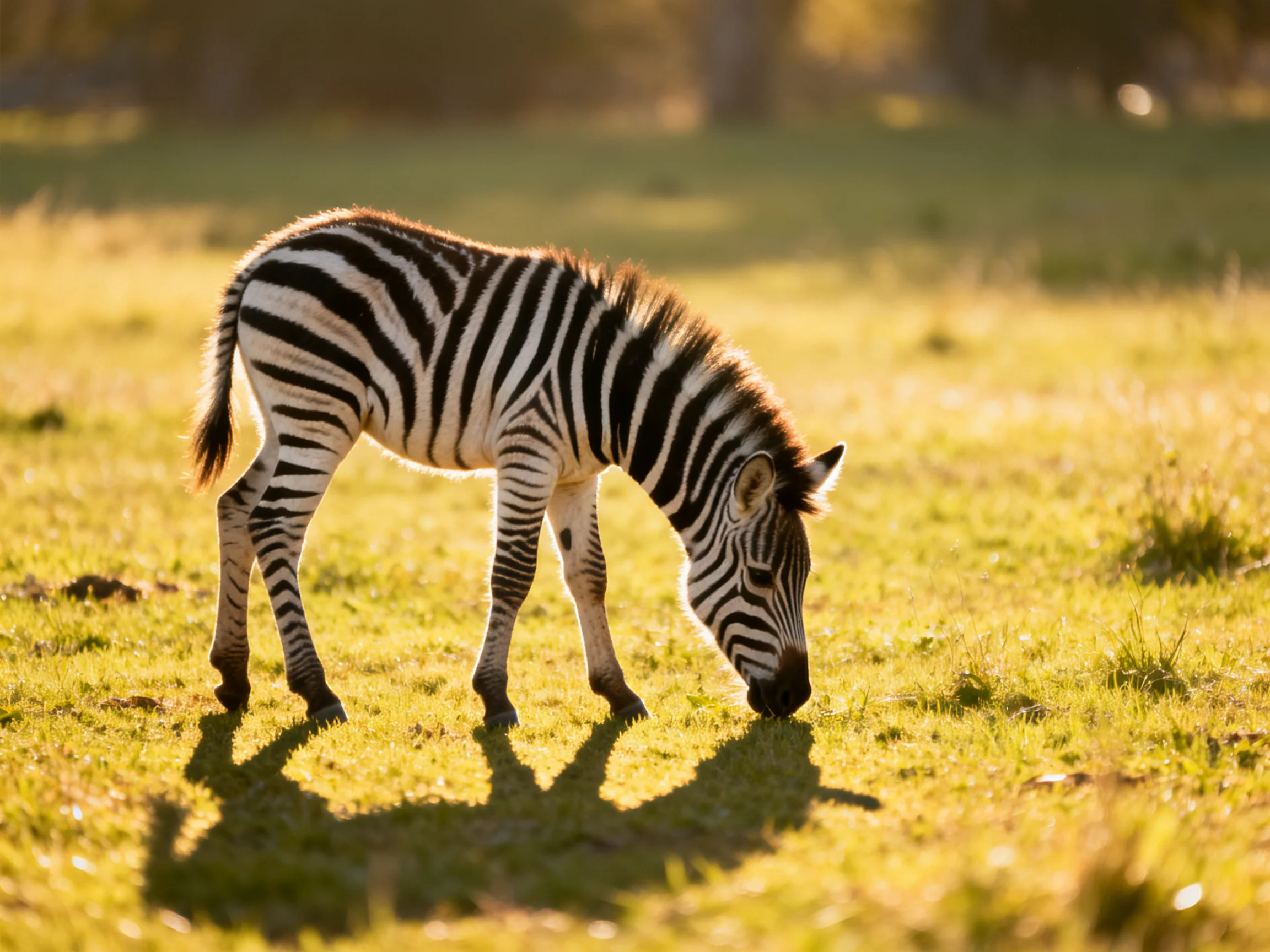 A young zebra grazes in a sunlit grassy field.