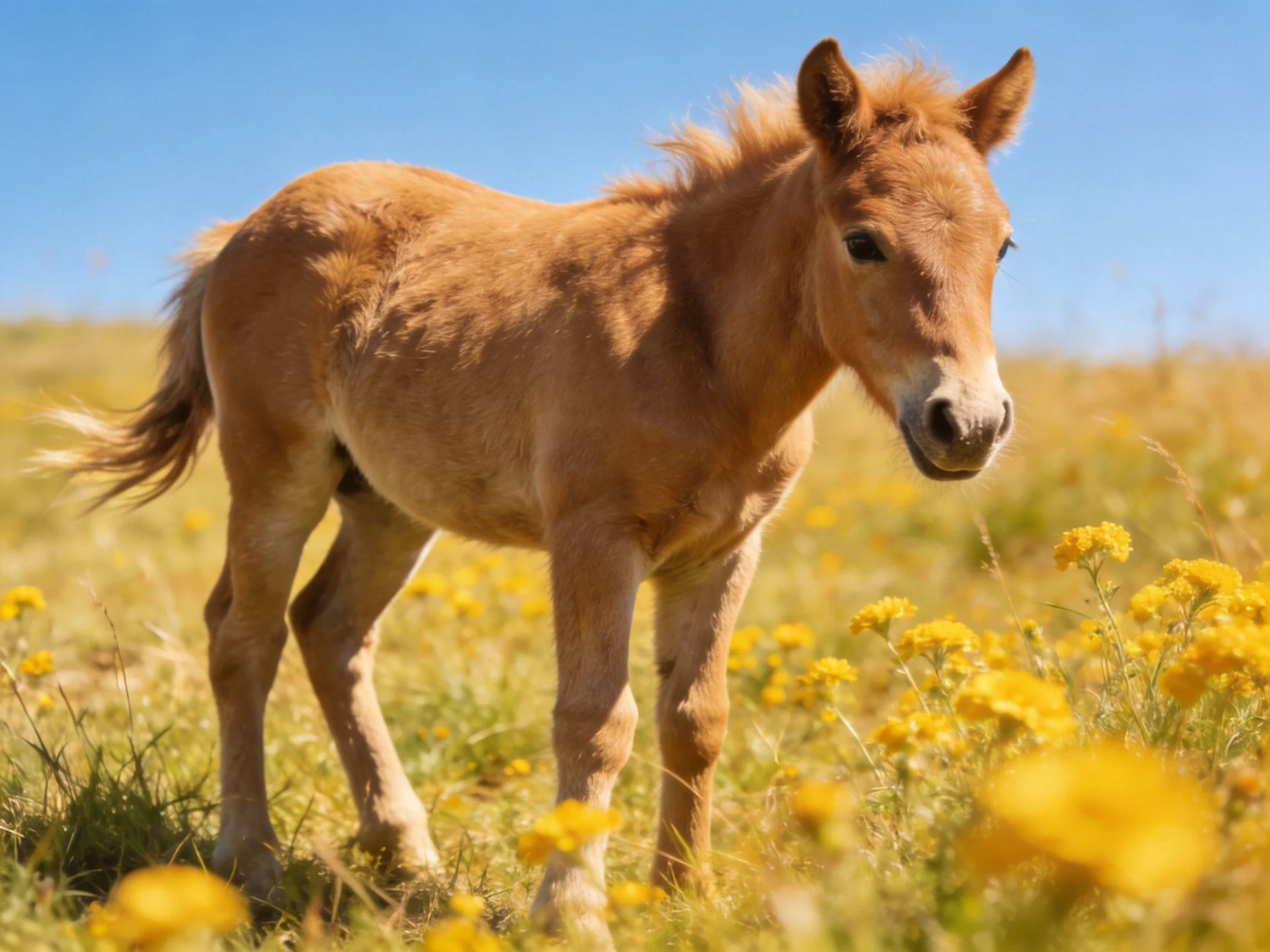 A young tan foal stands amid vibrant yellow wildflowers in a sunlit meadow