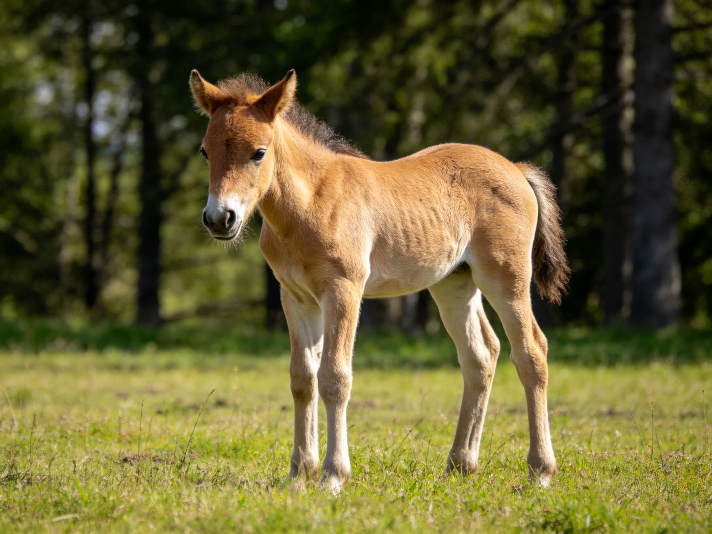 A young tan foal stands in a sunlit grassy meadow with forest backdrop