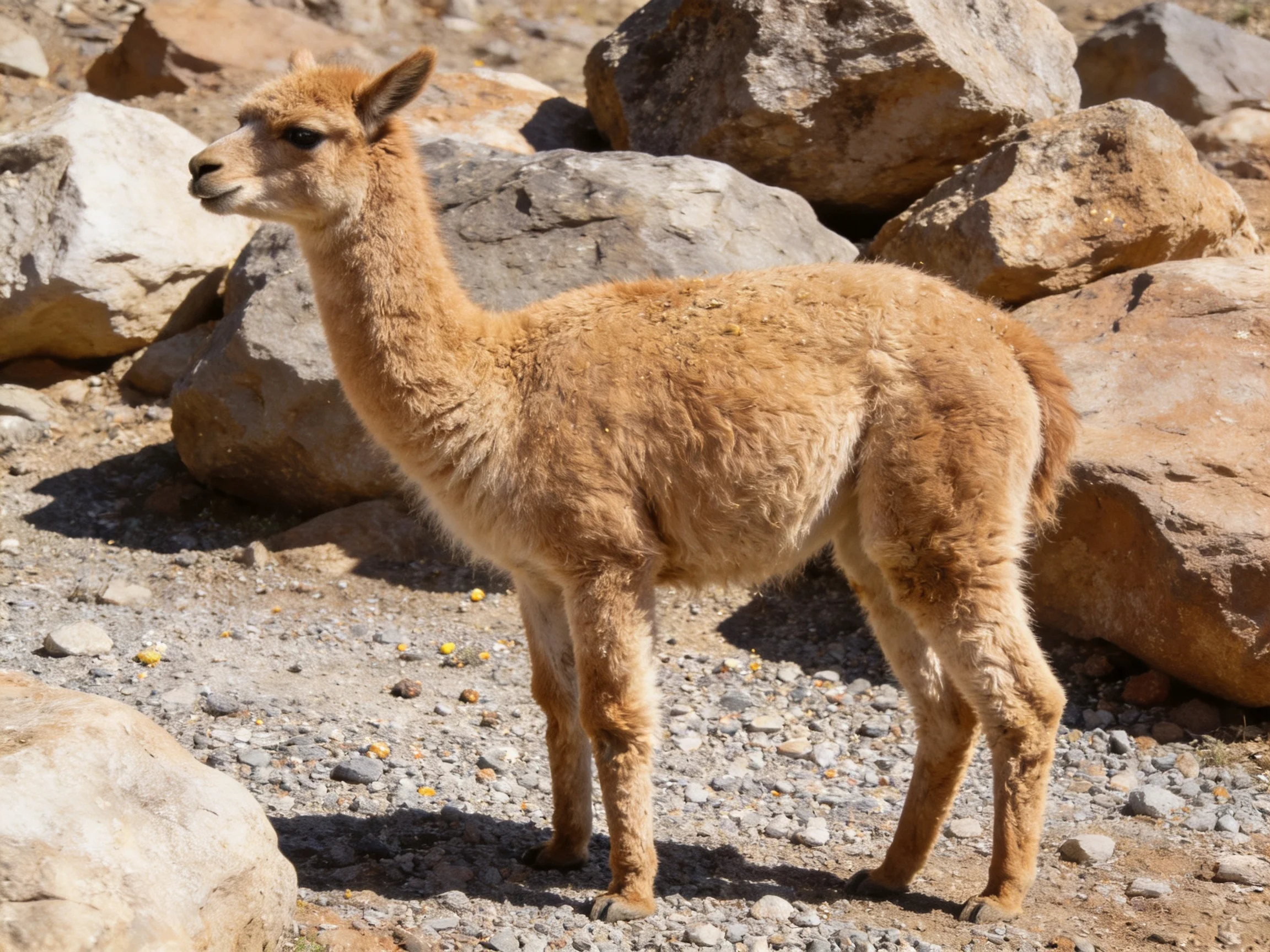 A young tan llama stands on rocky terrain with large stones nearby.