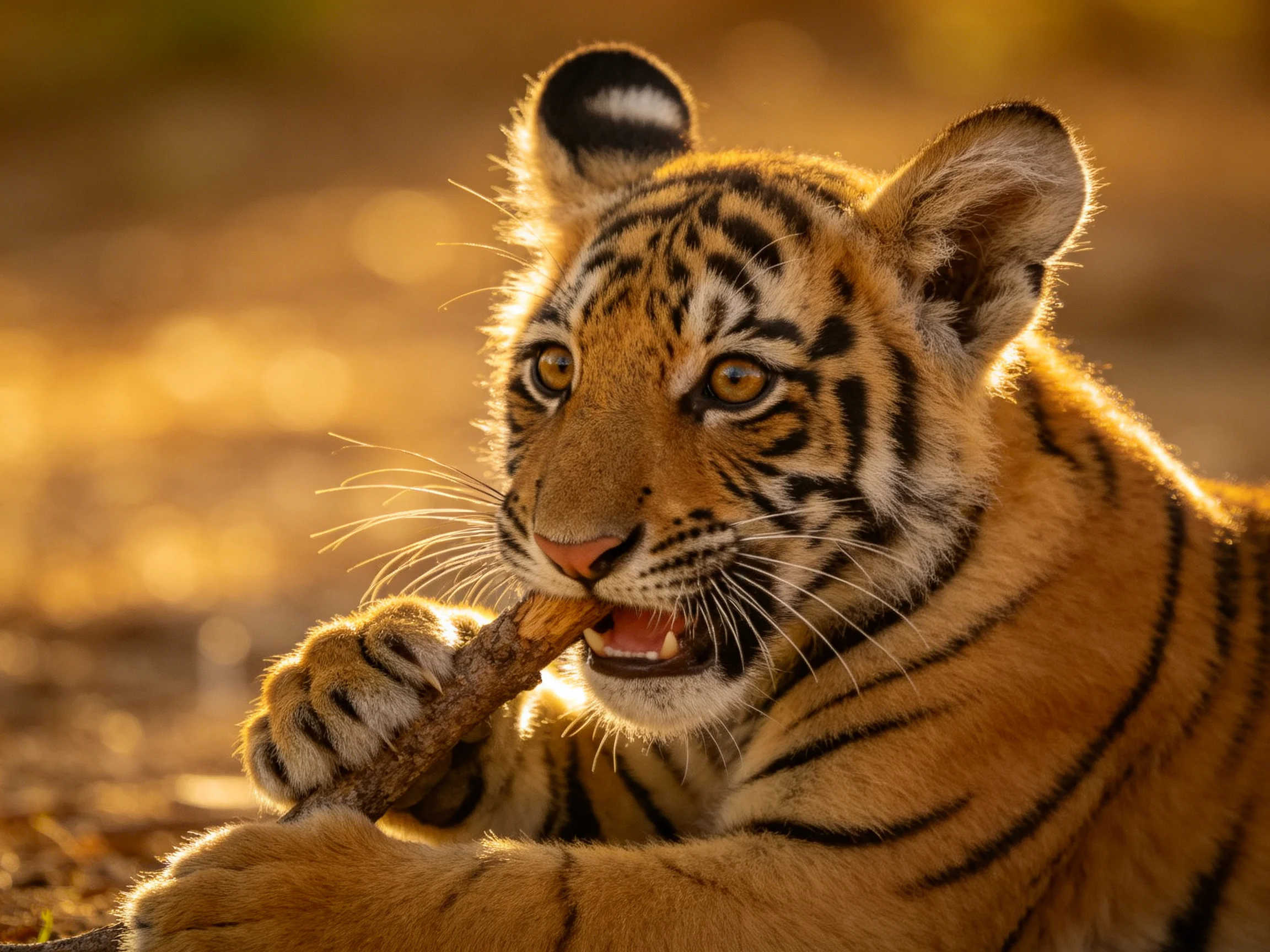 A young tiger cub plays with a stick in golden sunlight