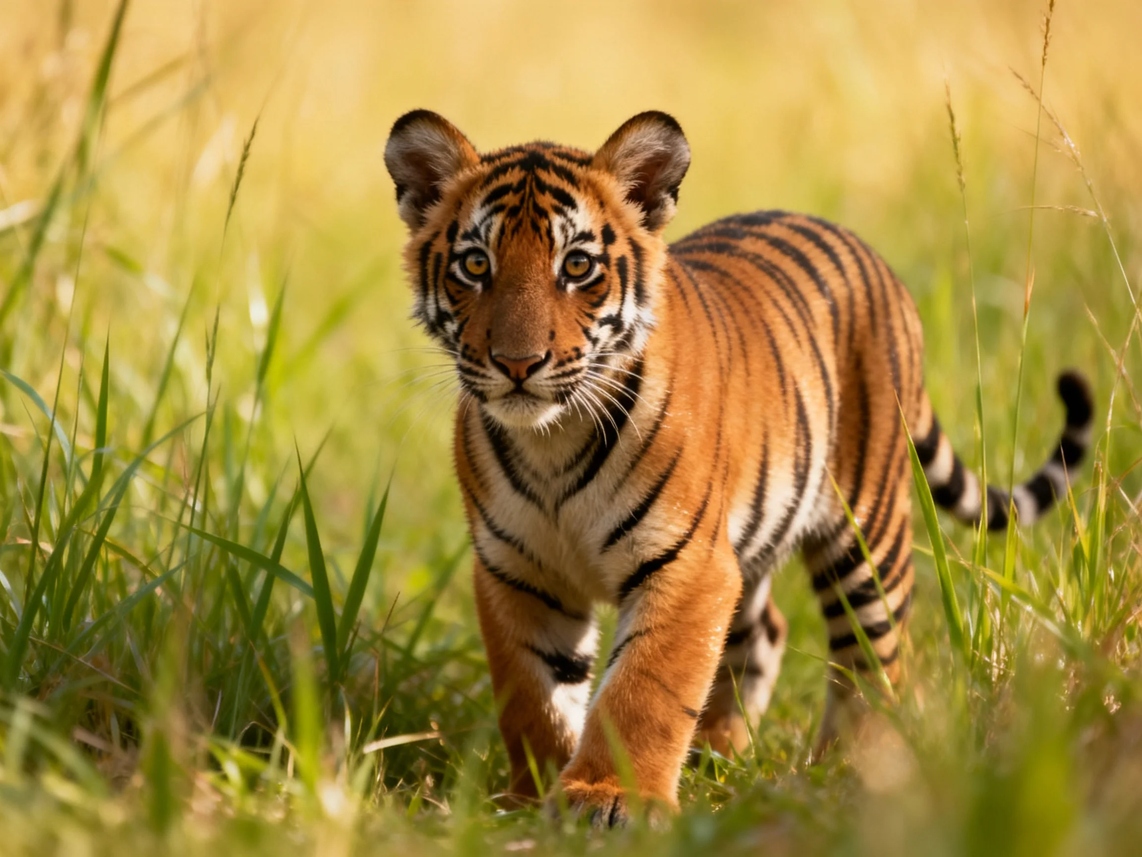 A young tiger cub walks through tall grass in a sunlit meadow.