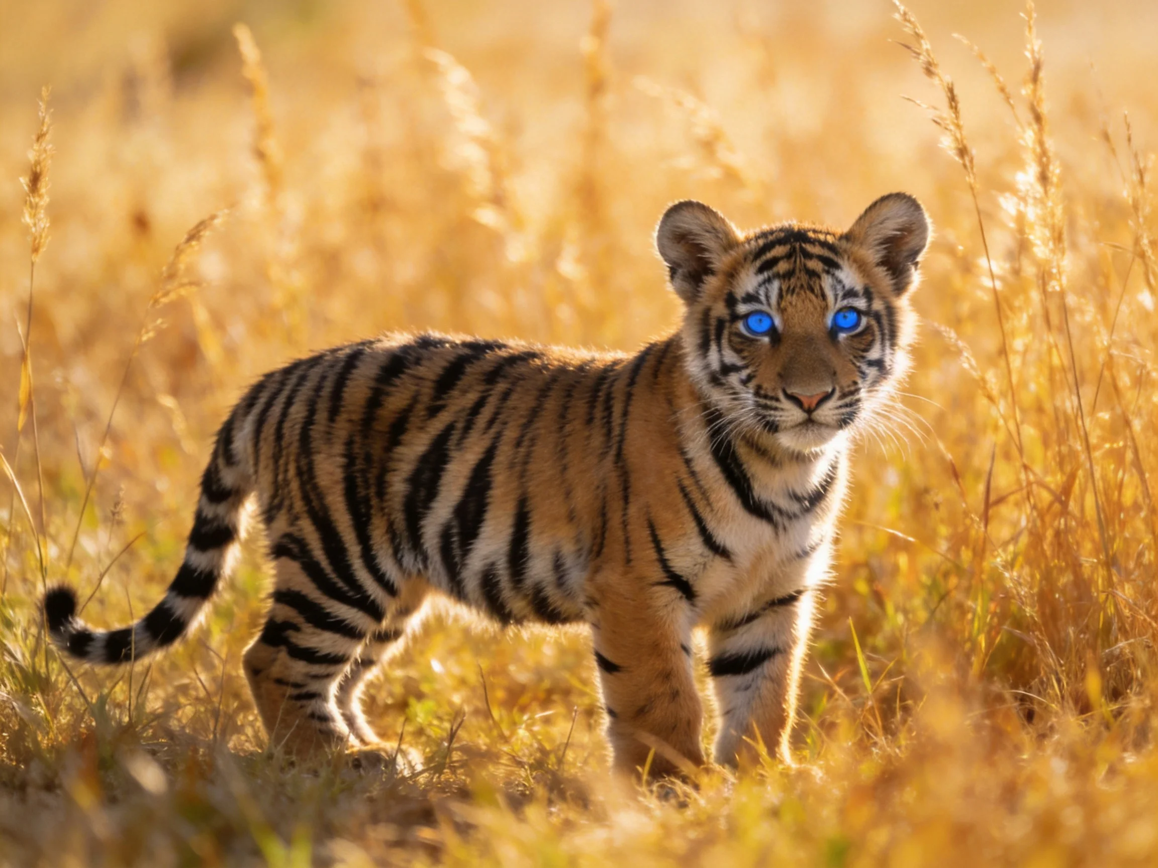 A young tiger cub stands amid tall golden grasses with bright blue eyes