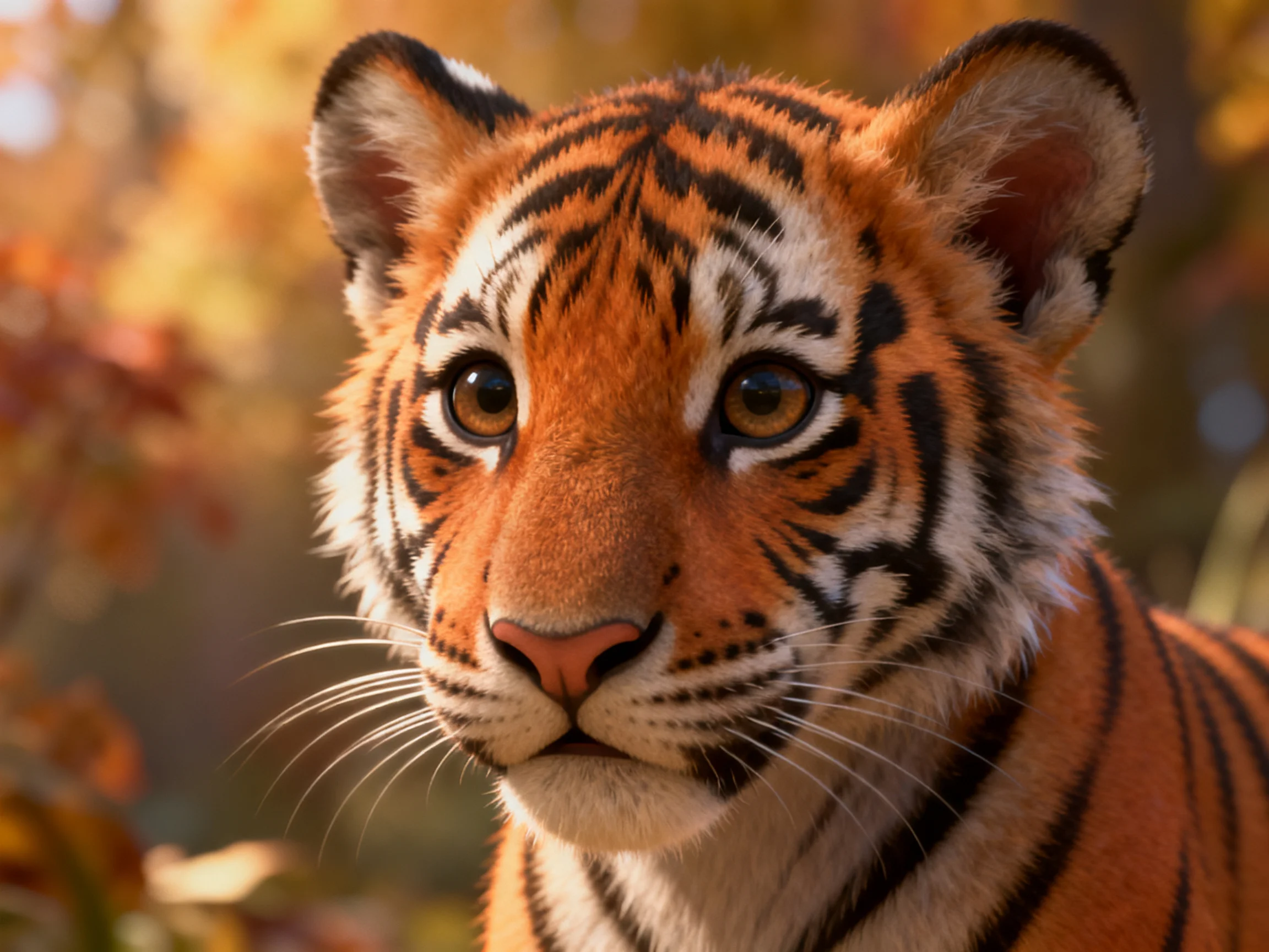 A young tiger cub with distinctive orange and black stripes is captured in a close - up.
