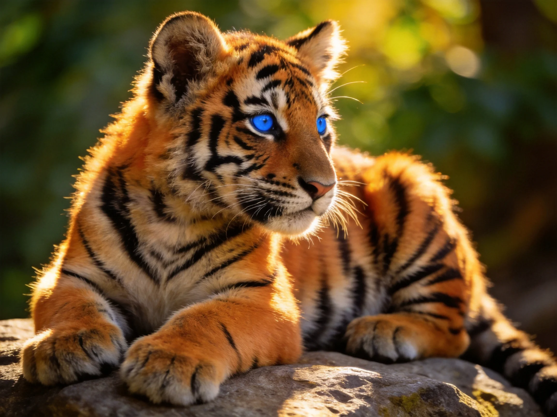 A young tiger cub with bright blue eyes rests on a rocky surface