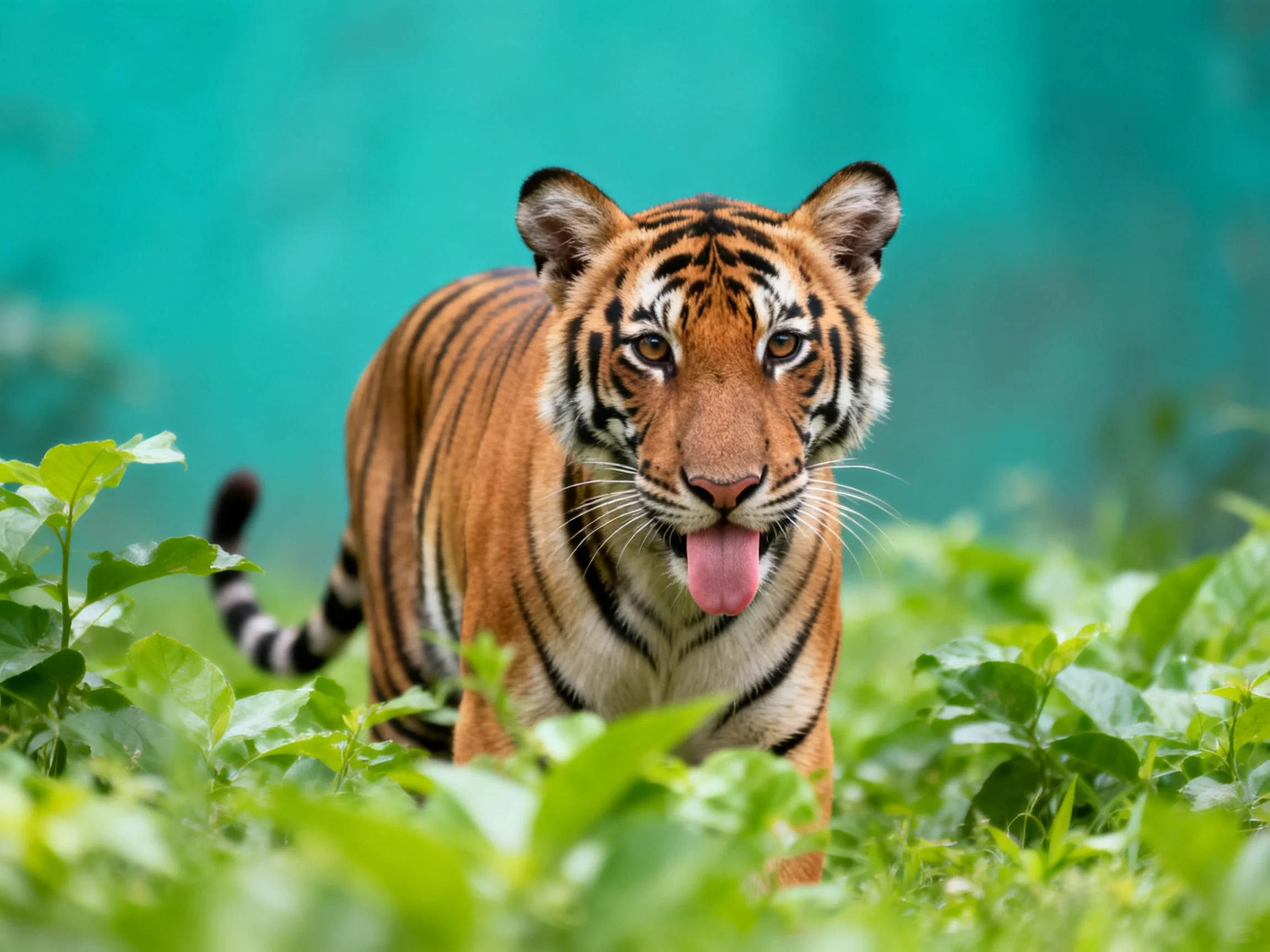 A young tiger with orange fur and black stripes moves through greenery.