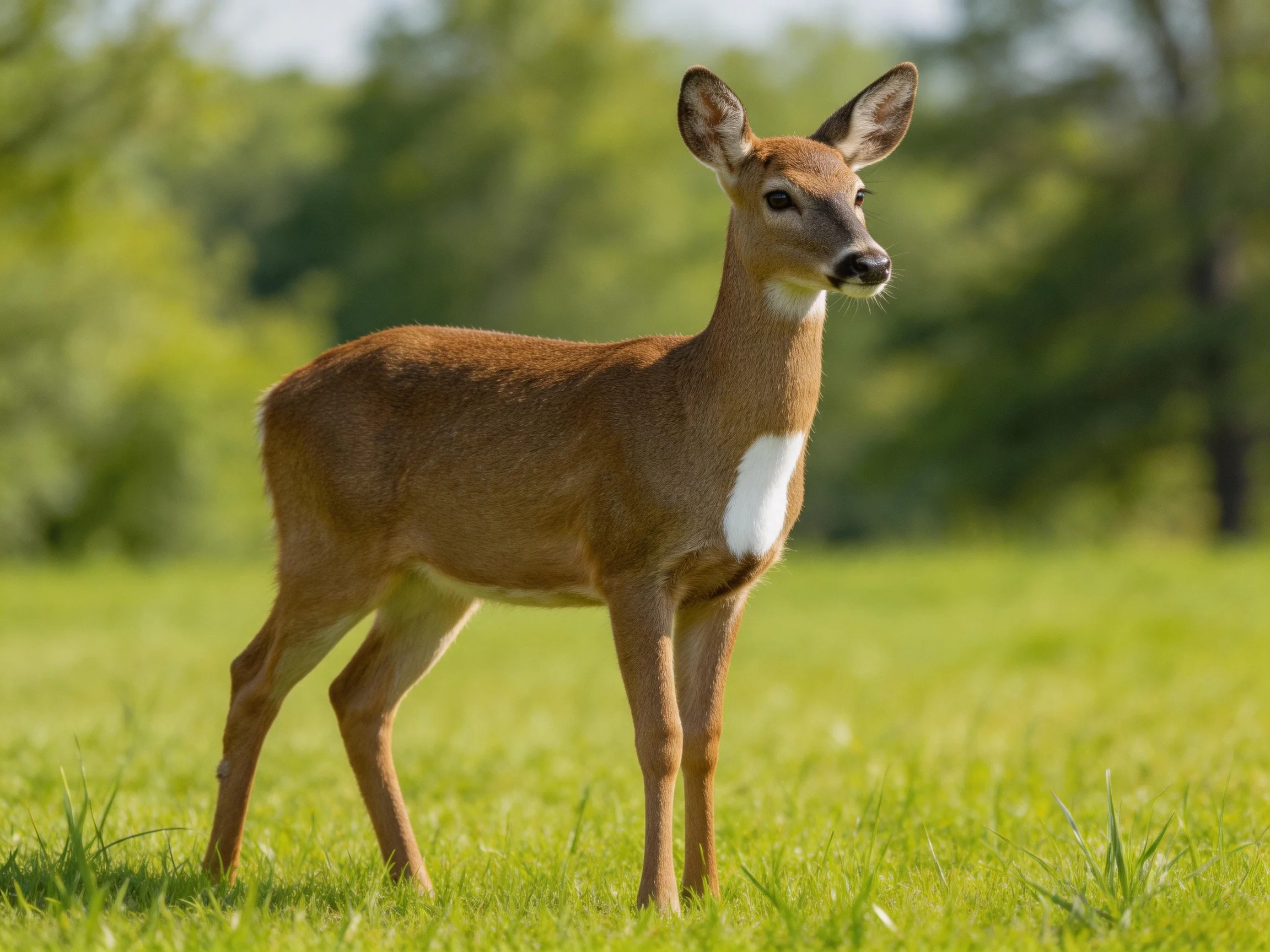 A young white-tailed deer stands in a sunlit green meadow.