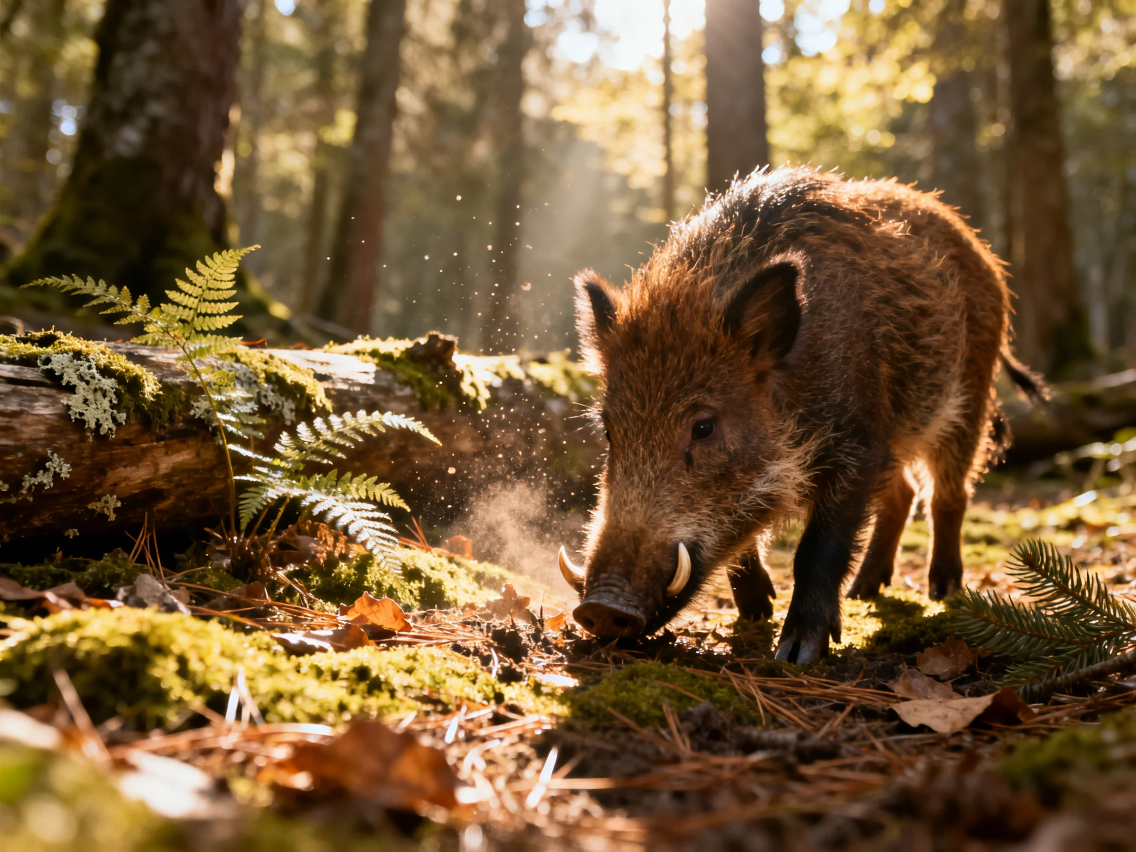 A young wild boar explores a sunlit, moss-covered forest floor.