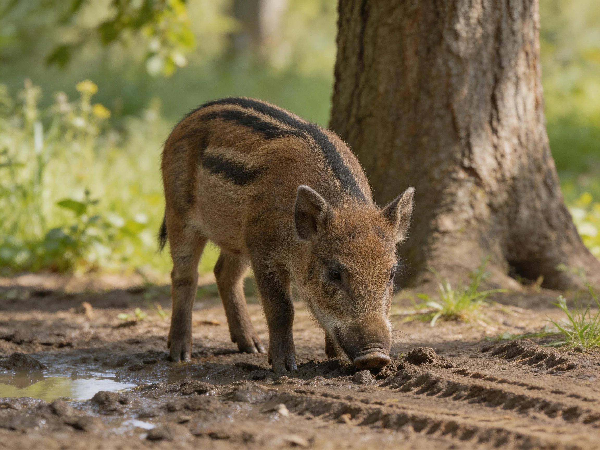 A young wild boar forages near a large tree in muddy terrain