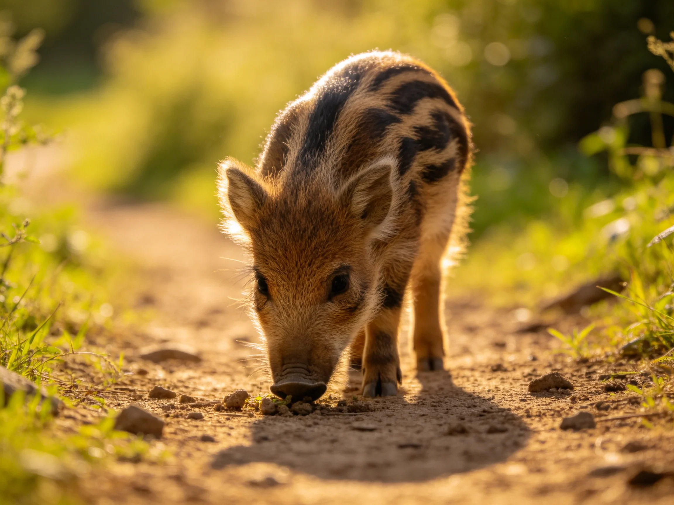 A young wild boar piglet explores a sunlit dirt path in nature.