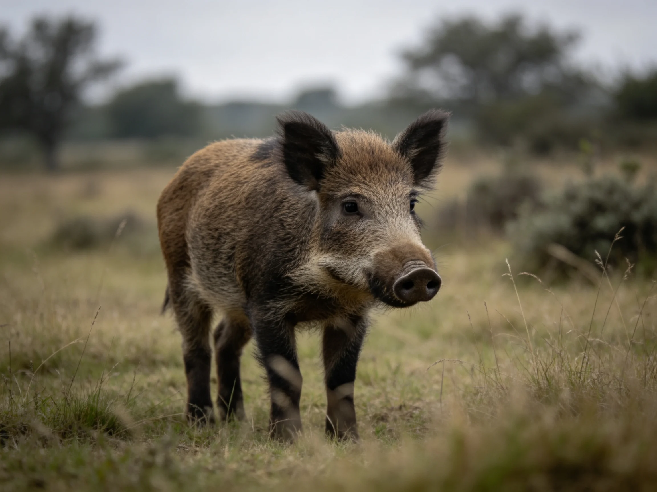 A young wild boar roams a grassy field with blurred trees