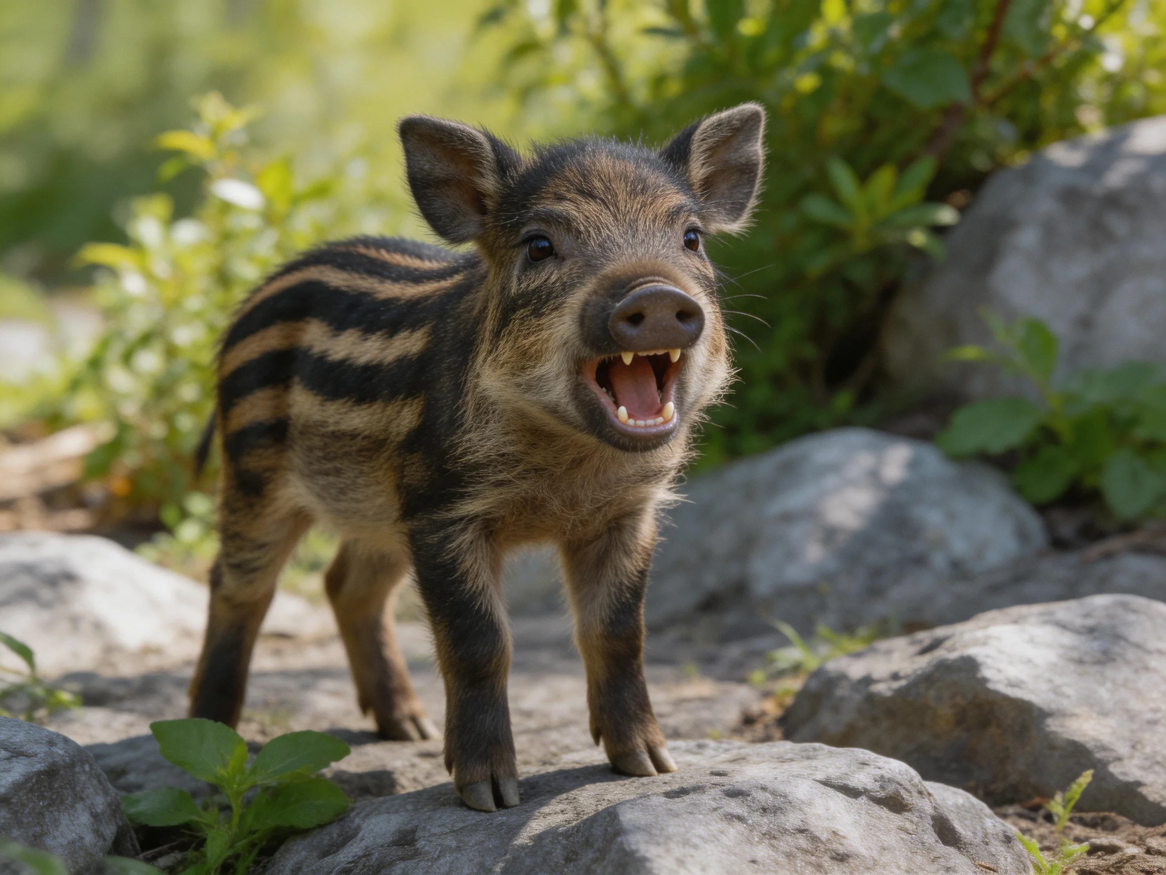 A young wild boar with black and tan stripes stands among rocks and greenery