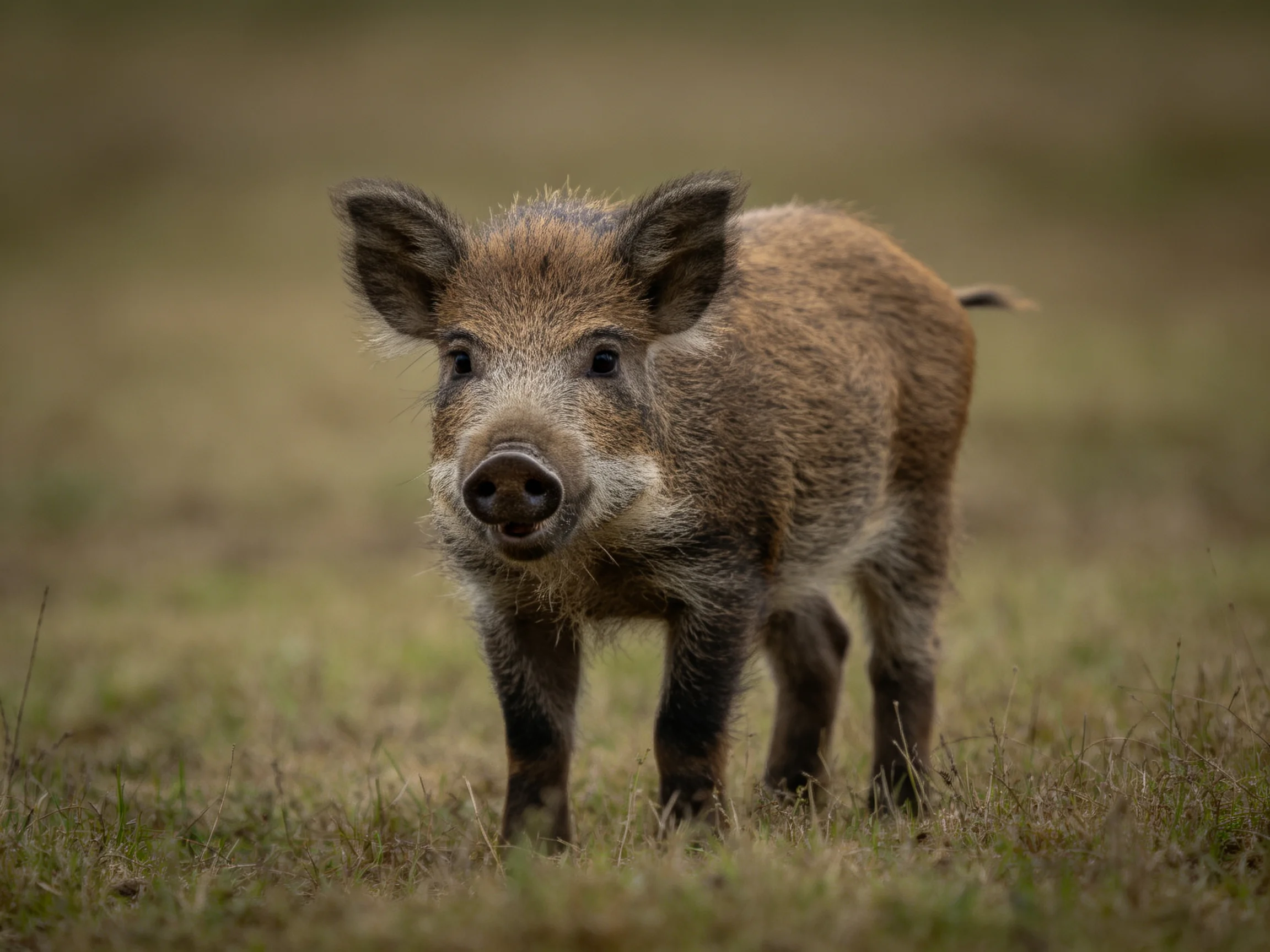 A young wild boar with brown fur in a grassy landscape