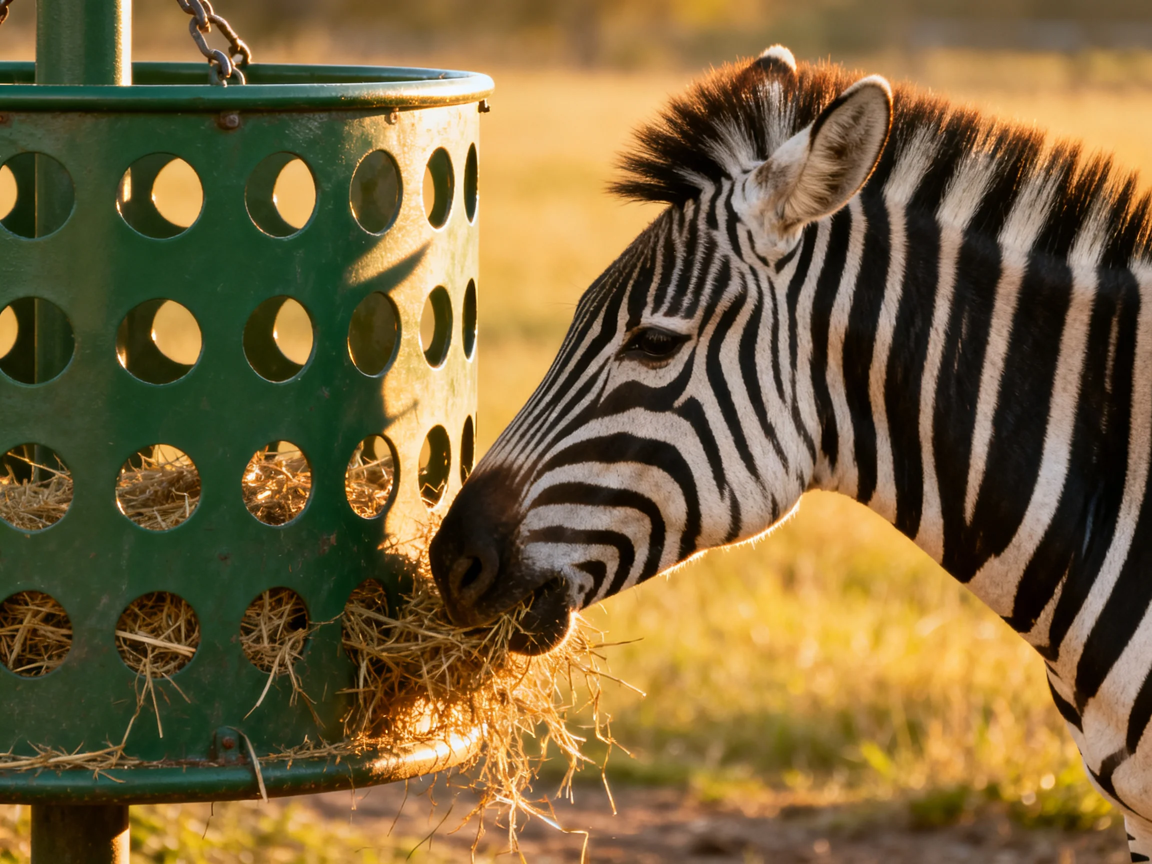 A young zebra eats hay from a green circular feeder in a sunlit area.
