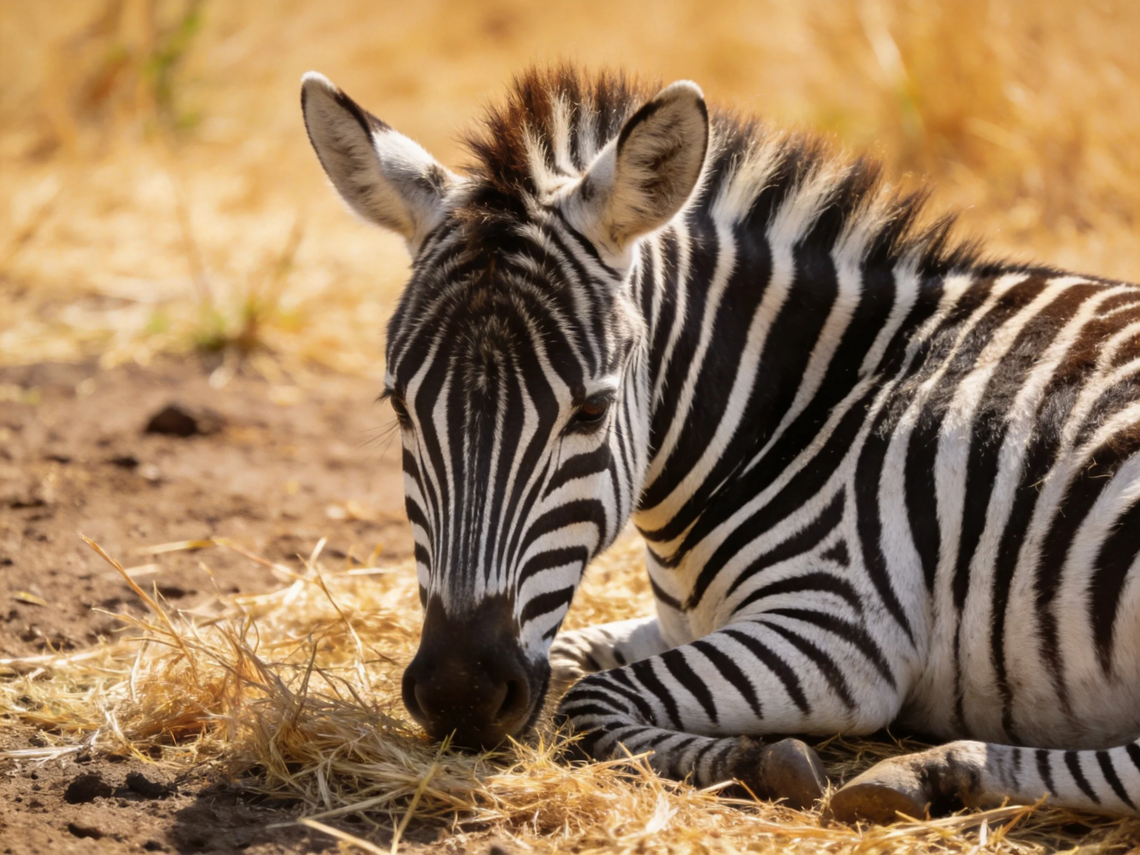 A young zebra rests near dry grass in a natural setting.