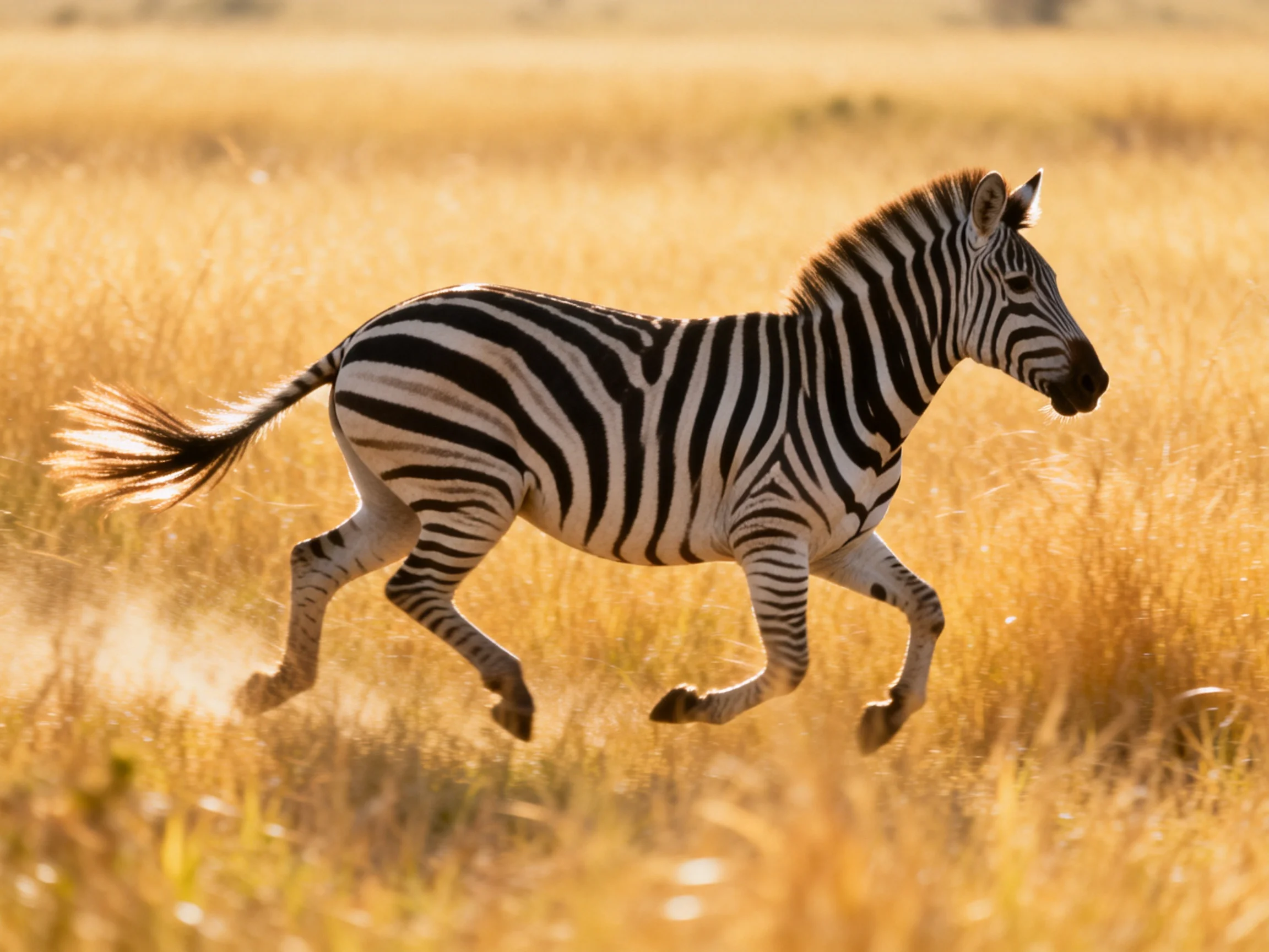A young zebra sprints through golden savannah grass