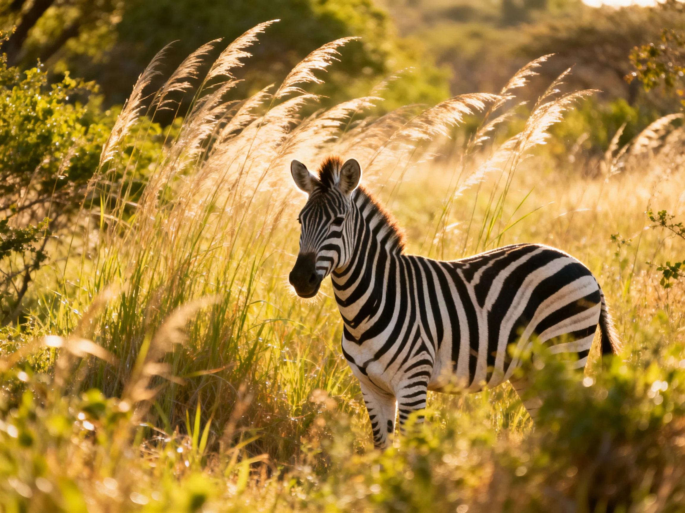 A young zebra stands amid tall golden grasses in a sunlit savanna