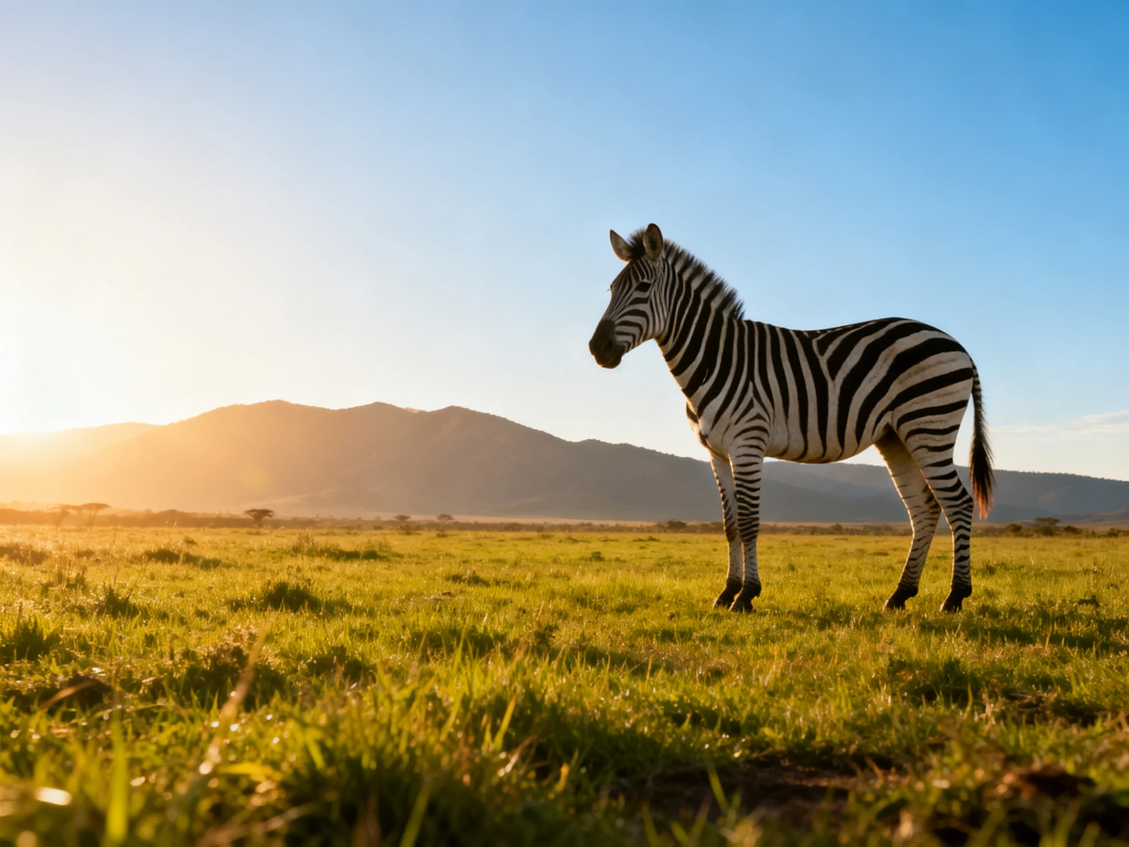 A young zebra stands in a sunlit savannah with distant mountains