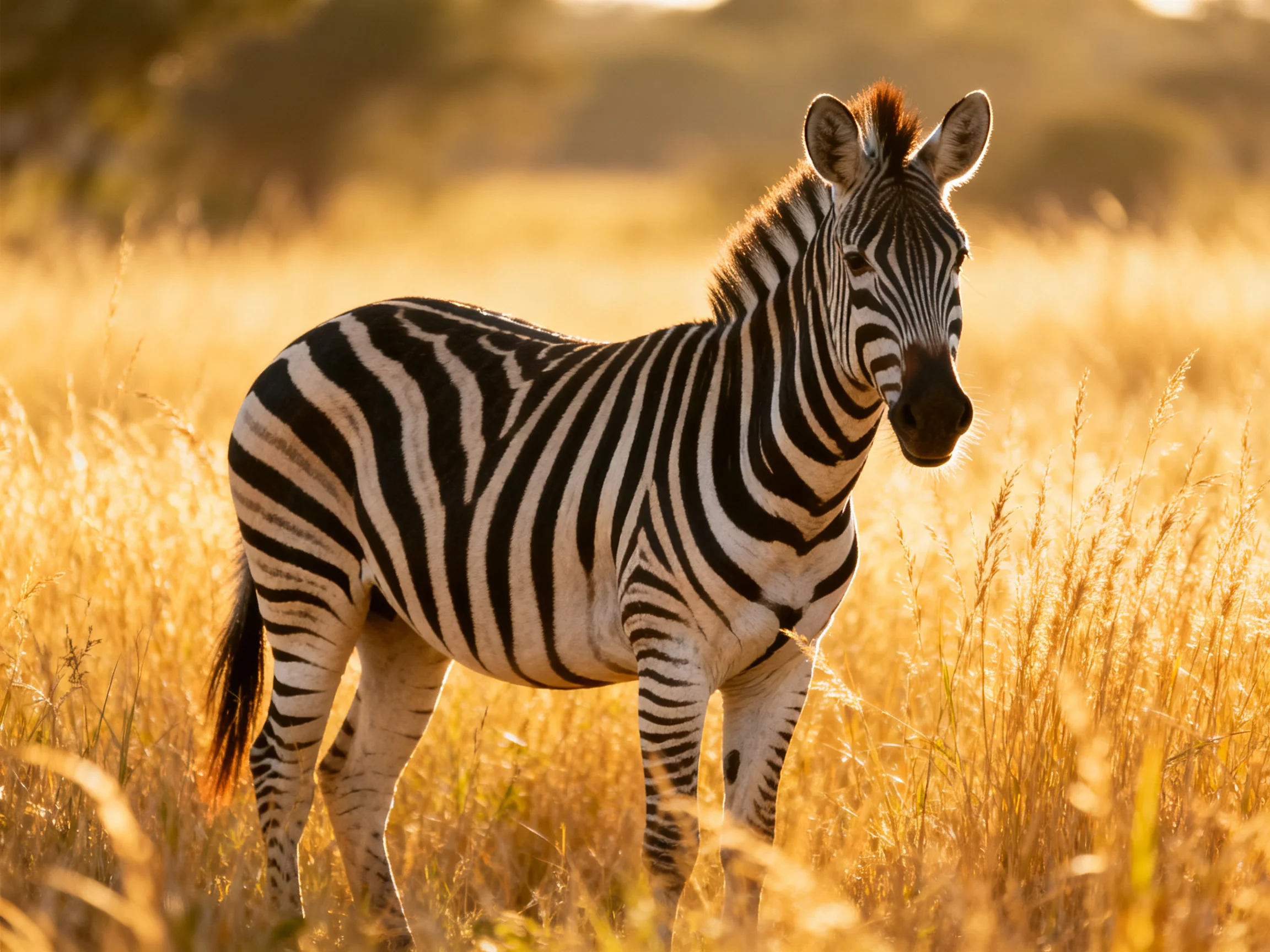 A young zebra with black-and-white stripes in golden savannah grassland