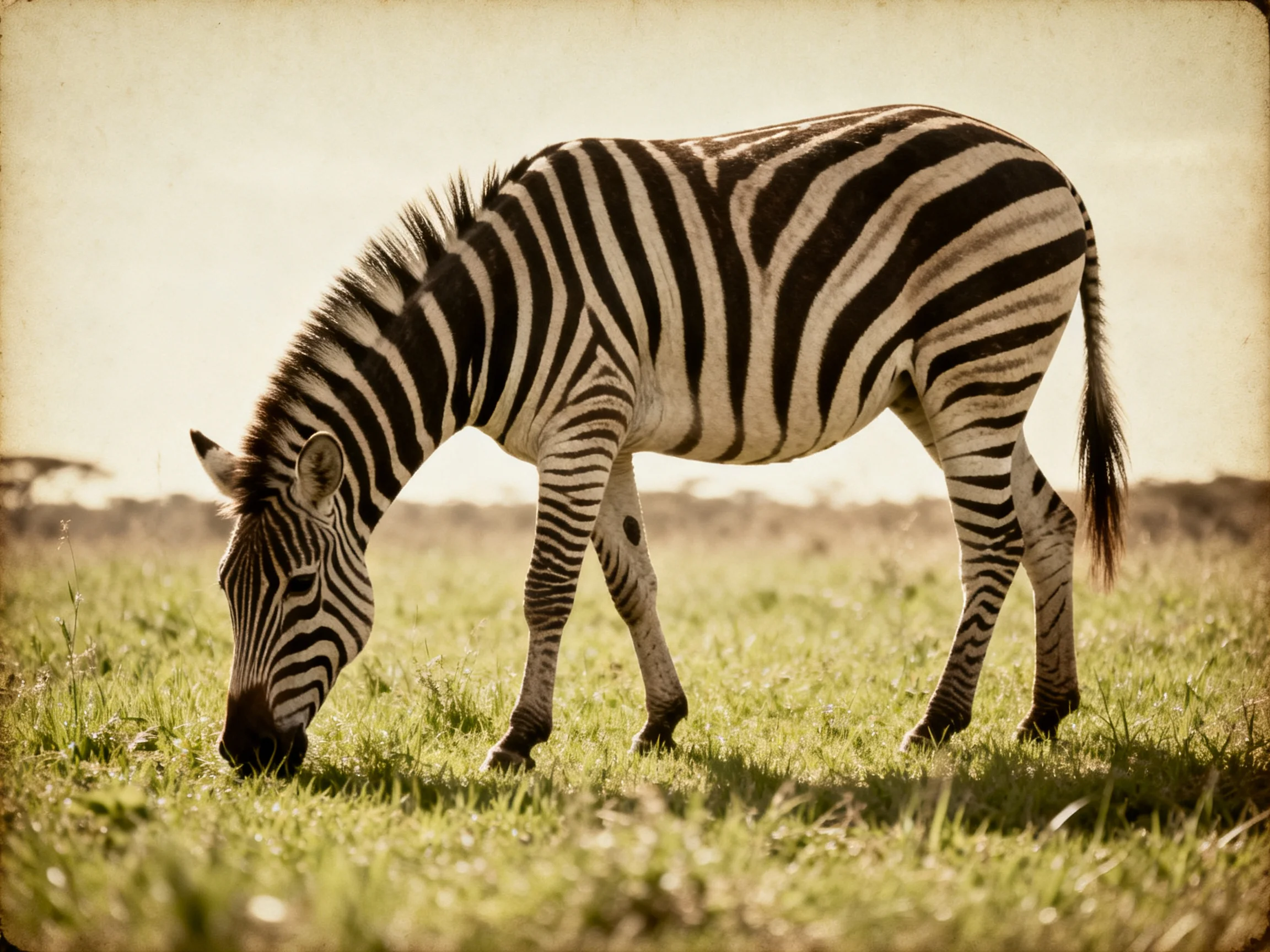 A young zebra with bold black-and-white stripes grazes in a sunlit savannah