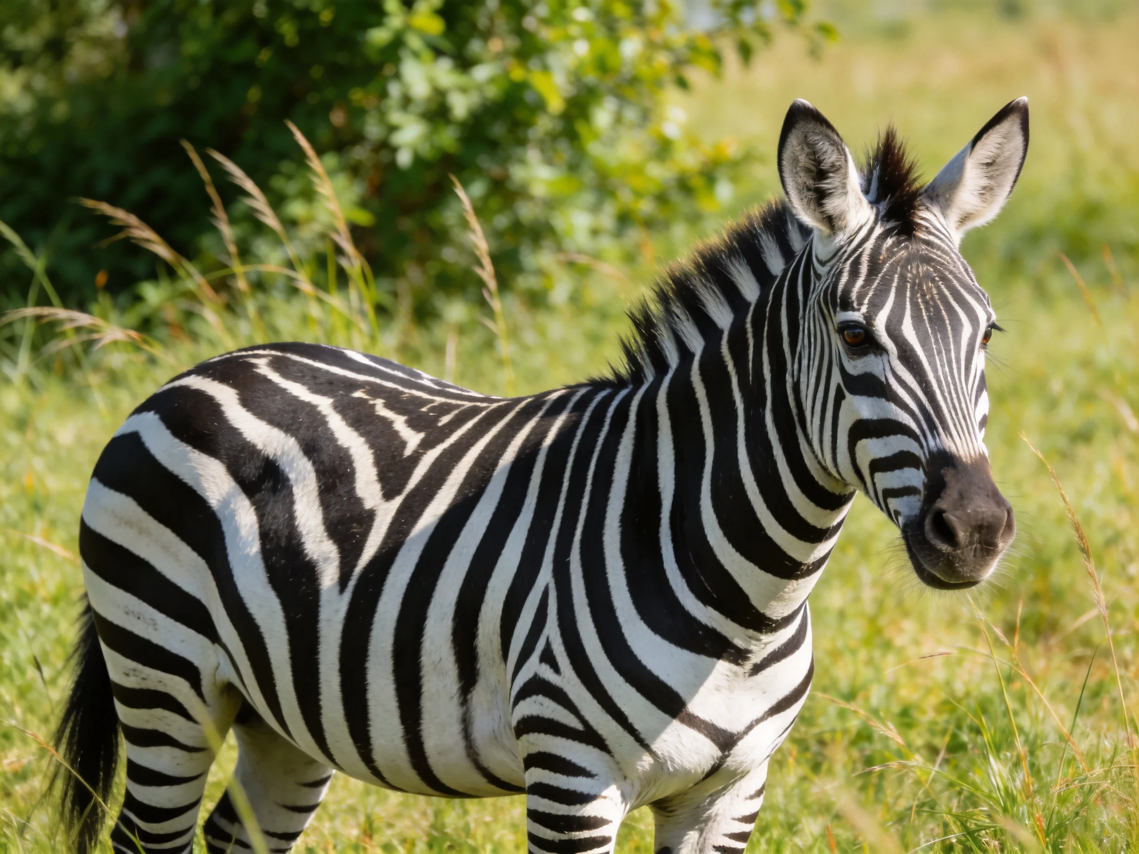 A young zebra with bold black-and-white stripes in a sunlit meadow
