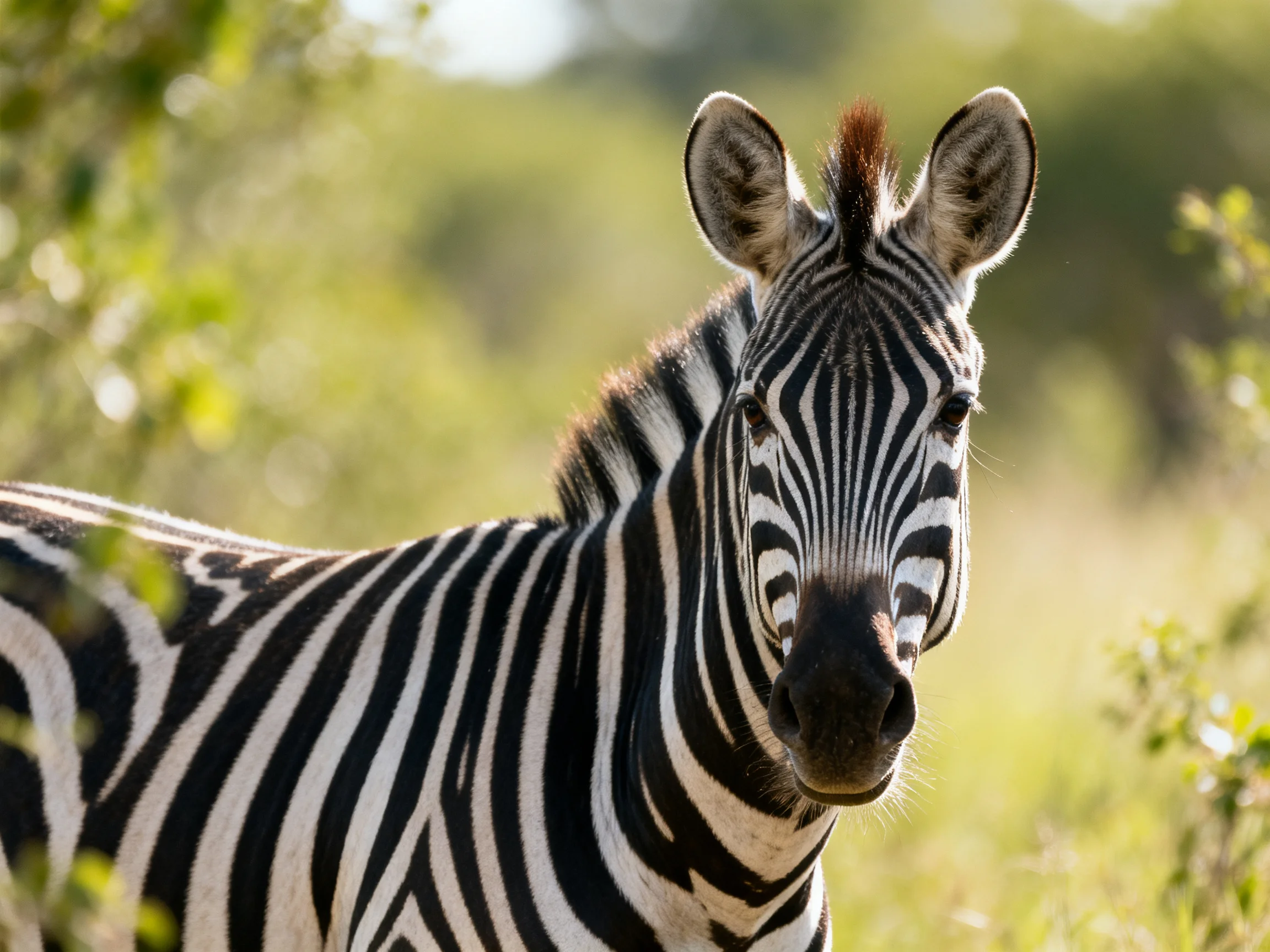 A young zebra with bold black-and-white stripes in a sunlit savannah