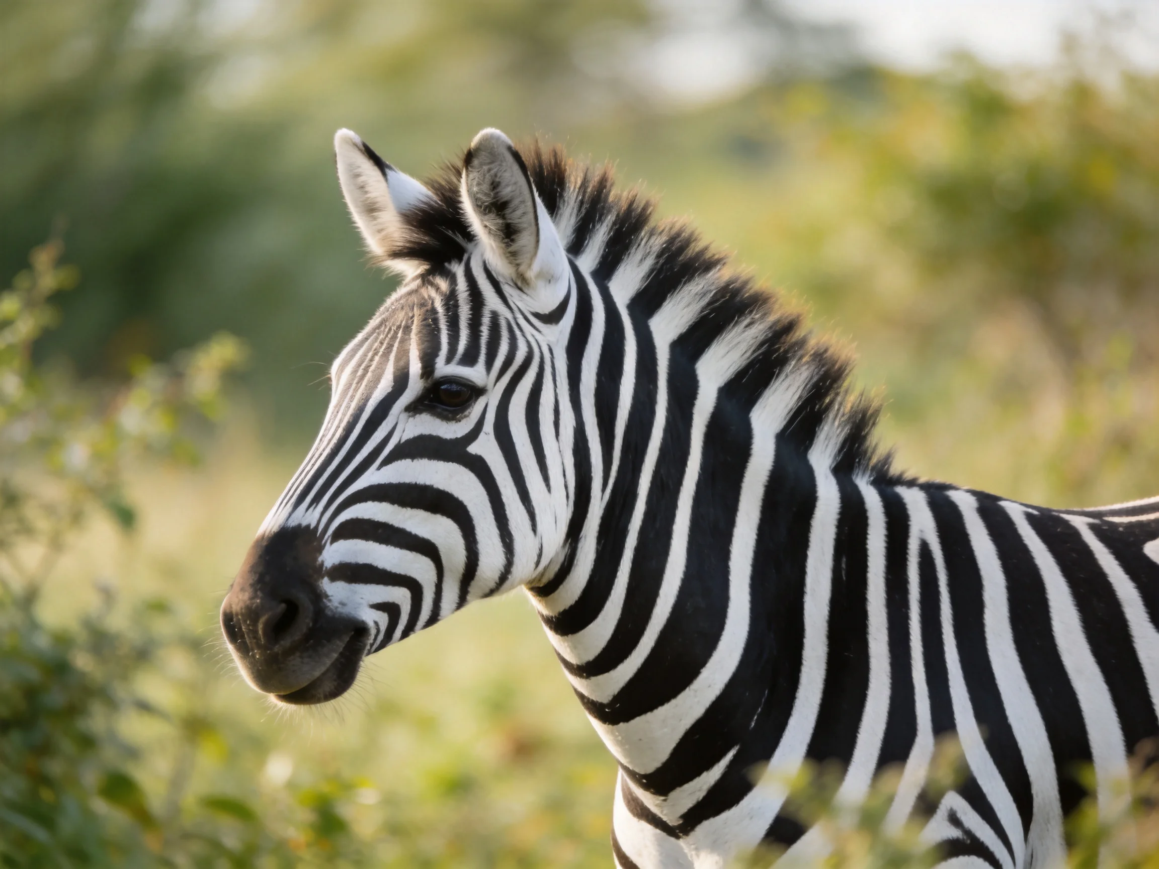 A young zebra with bold black-and-white stripes in a sunlit savannah