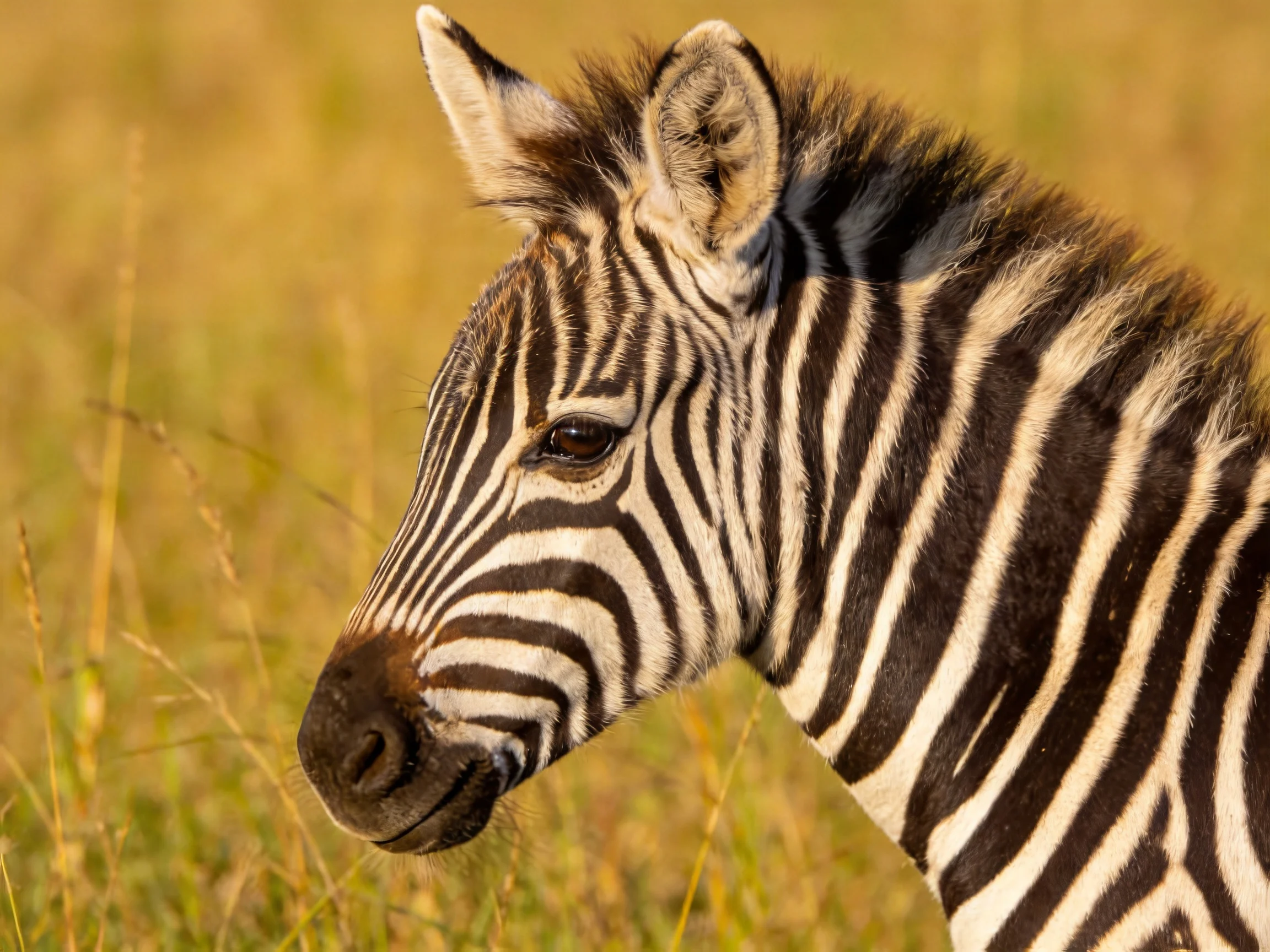 A young zebra with bold black-and-white stripes in golden savannah grass