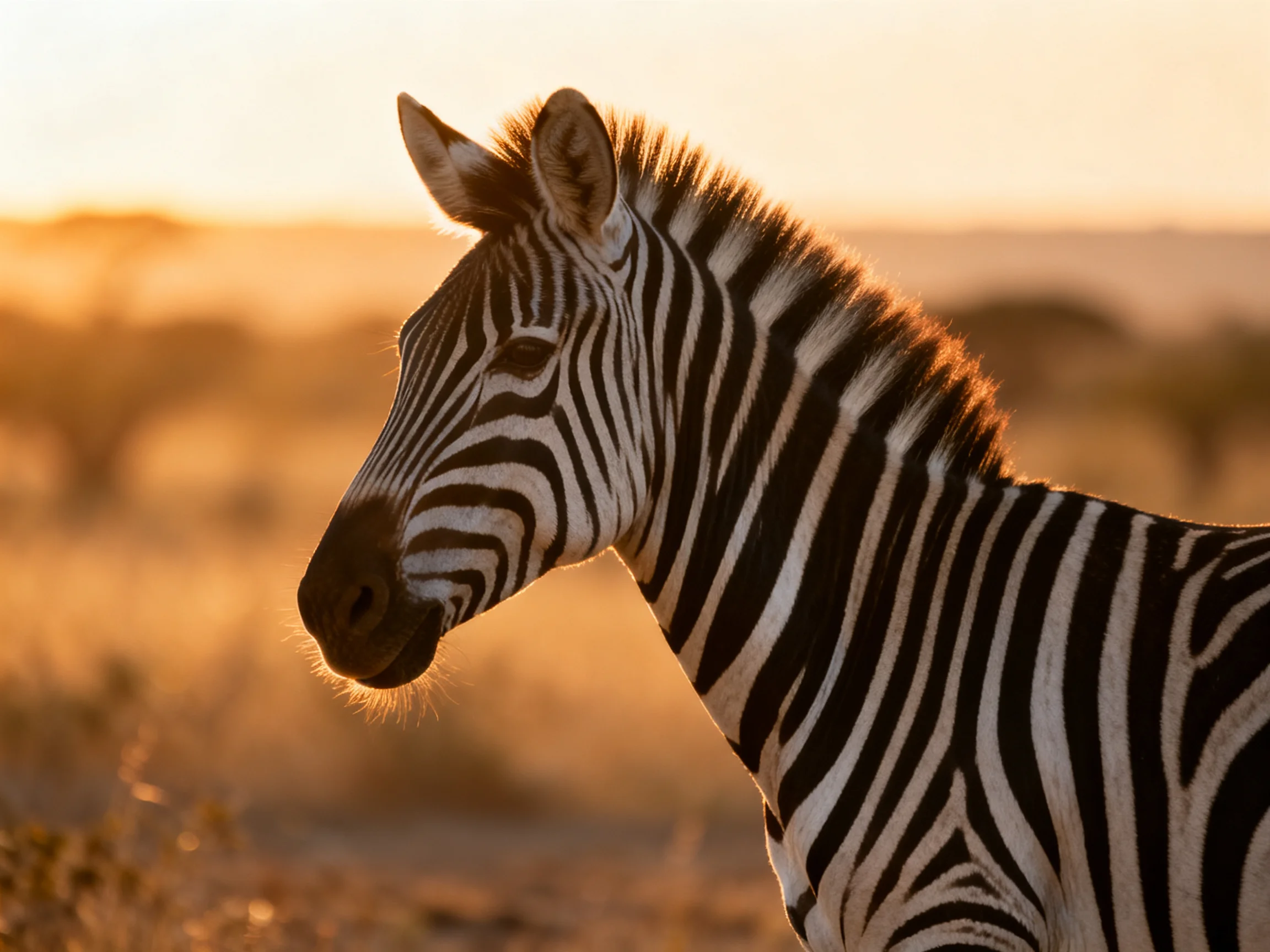 A young zebra with bold black-and-white stripes in golden savannah light