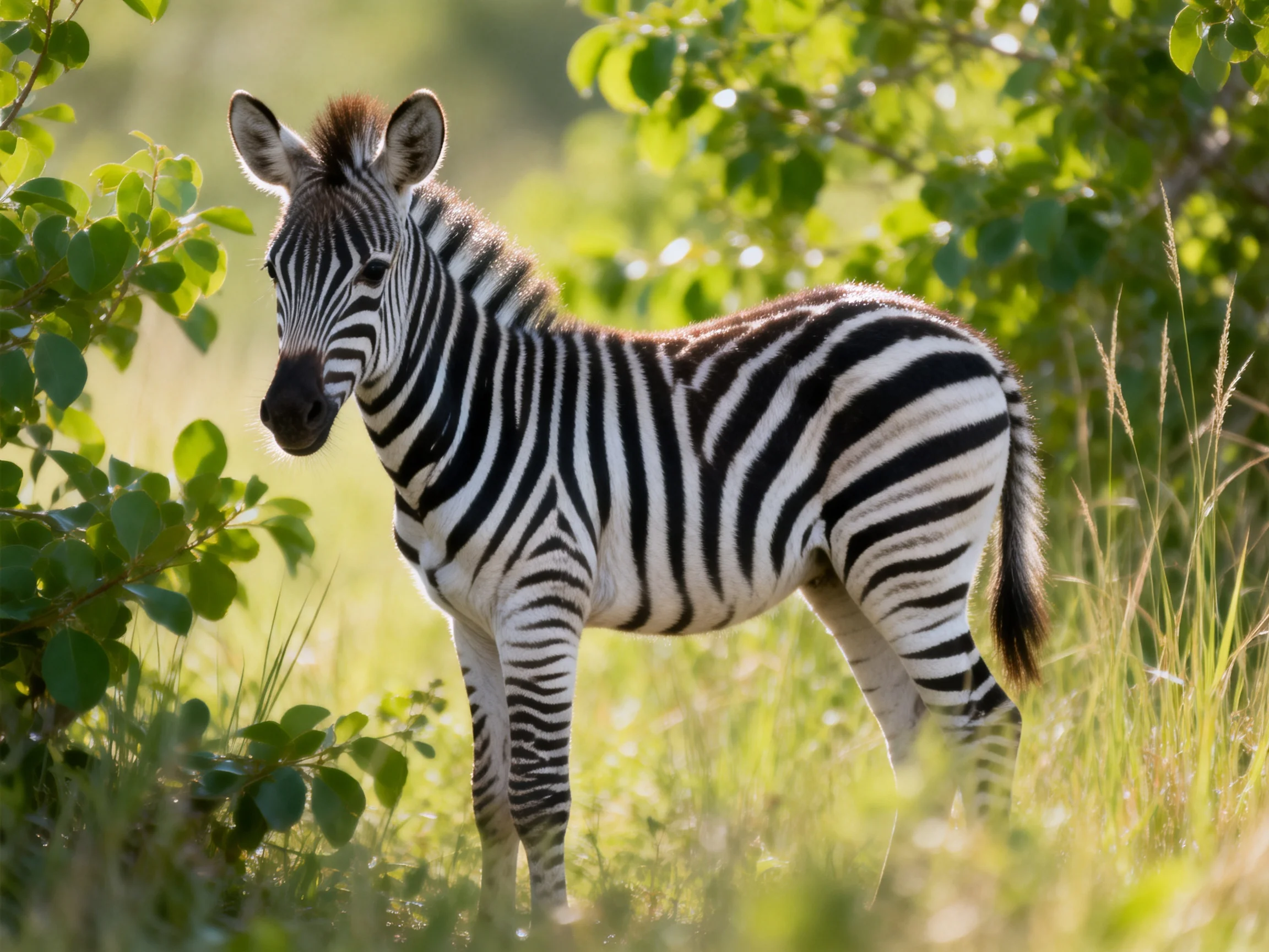 A young zebra with bold black-and-white stripes in lush green foliage