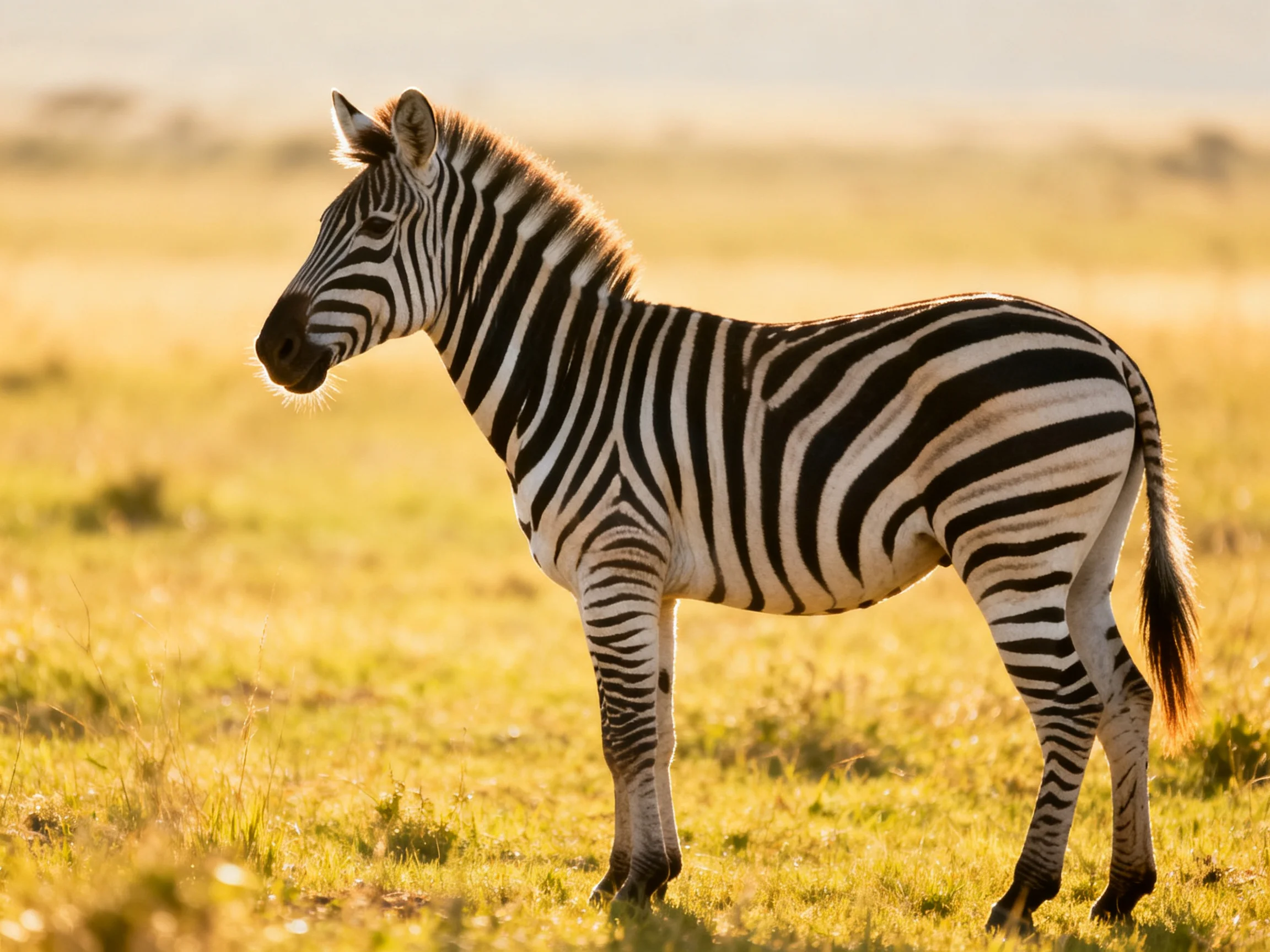A young zebra with bold black and white stripes in sunlit savannah