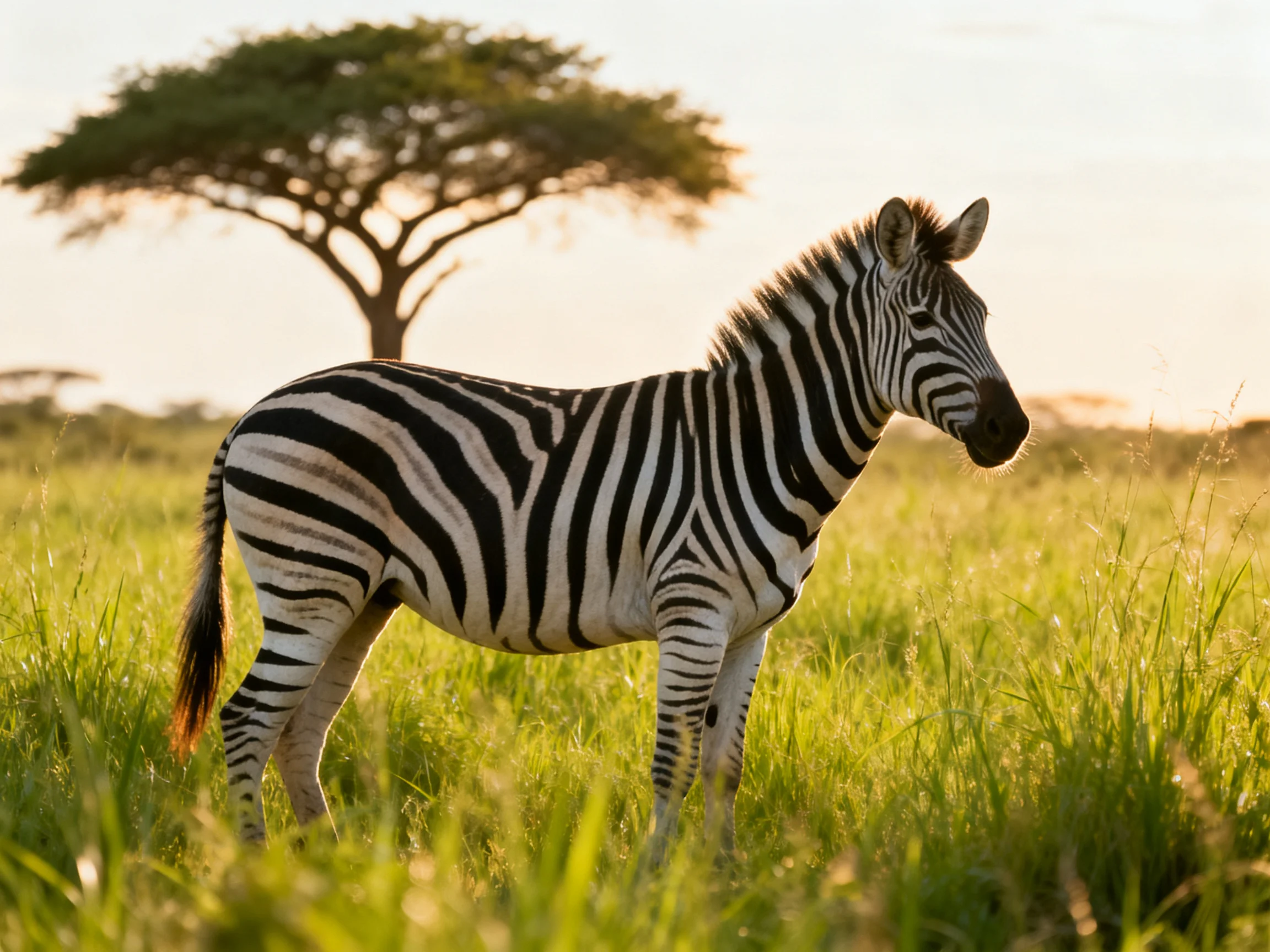 A young zebra with bold black-and-white stripes in tall green savannah grass near an acacia tree