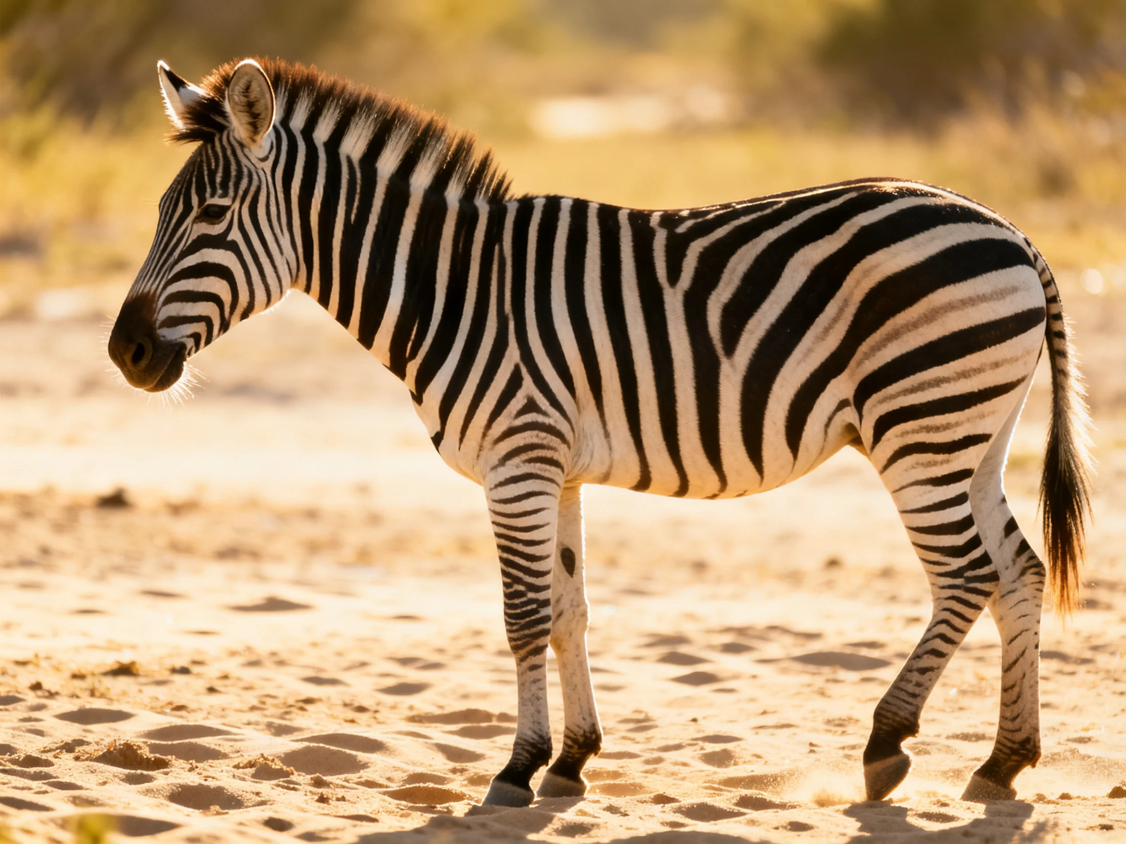 A young zebra with black and white stripes stands on sandy ground.