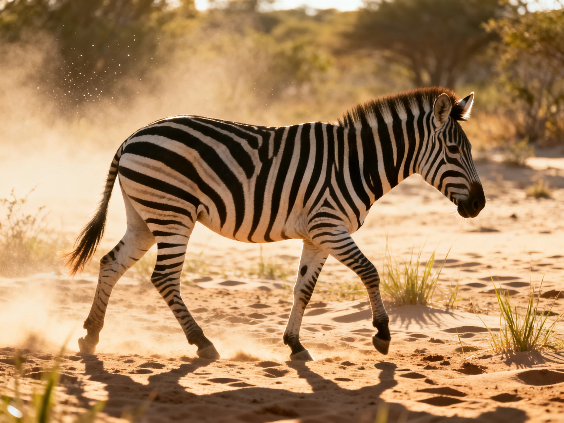 A young zebra with bold black-and-white stripes runs through dusty sand