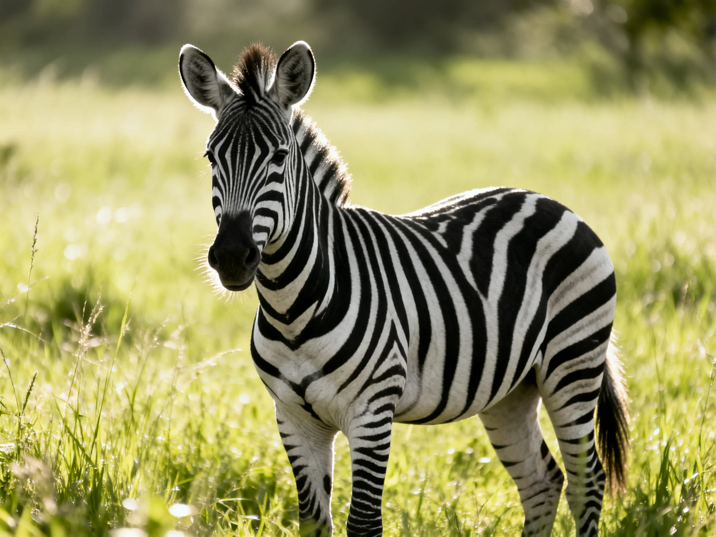 A young zebra with bold black-and-white stripes stands in sunlit grassy terrain