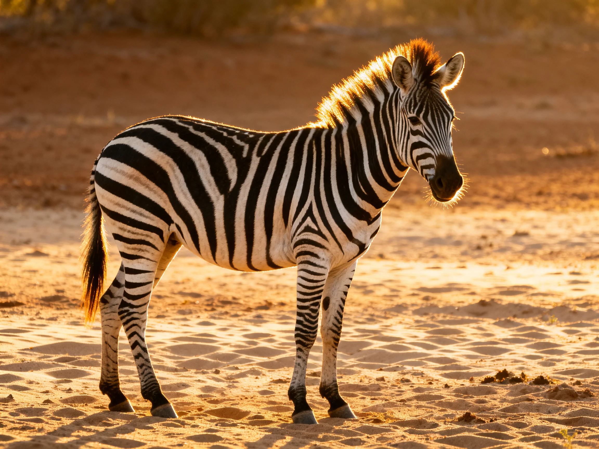 A young zebra with bold black-and-white stripes stands on sunlit sand