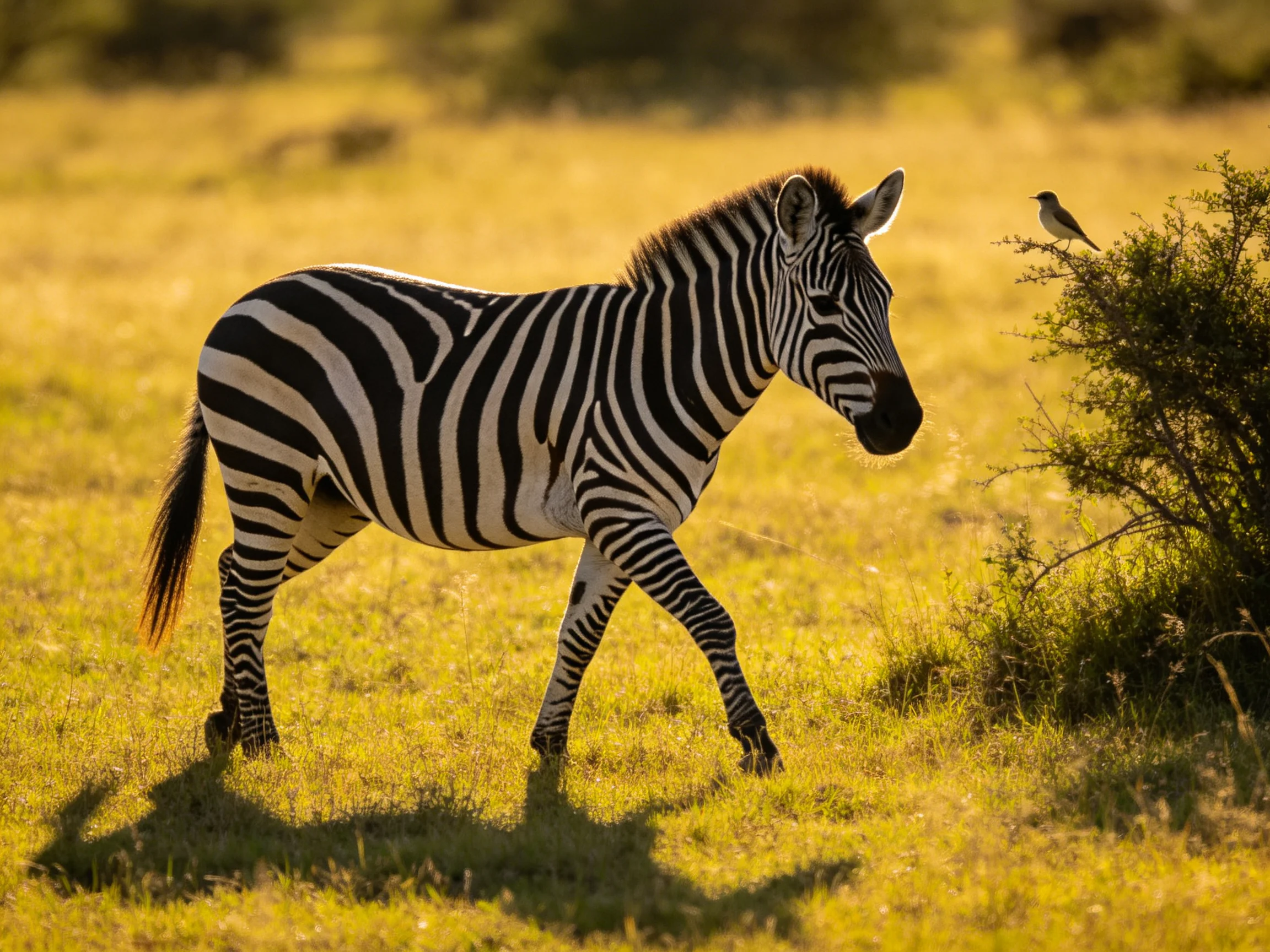 A zebra with distinctive black-and-white stripes moves through golden grass beside a small bird.