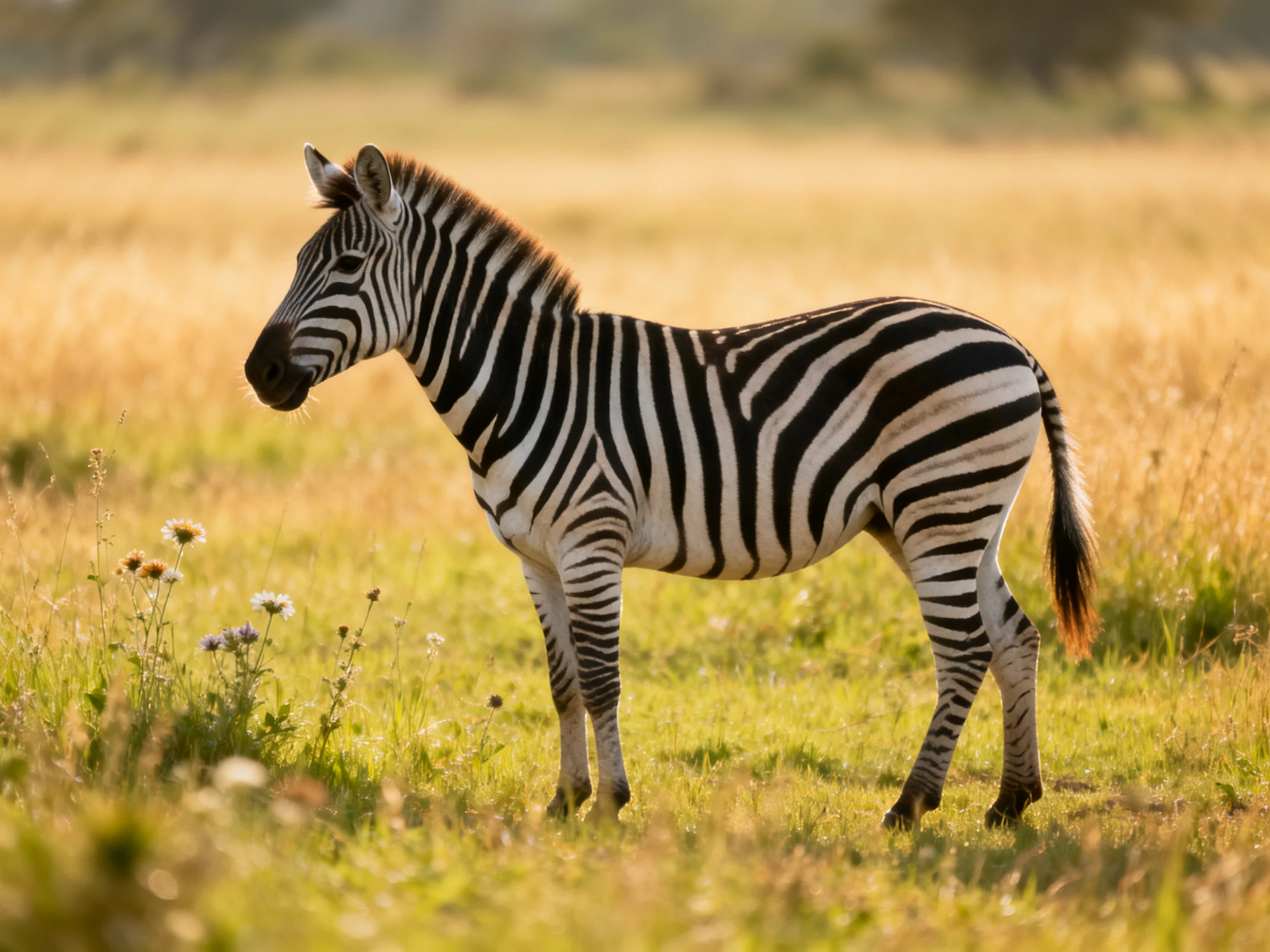A young zebra with bold stripes in a sunlit savannah meadow