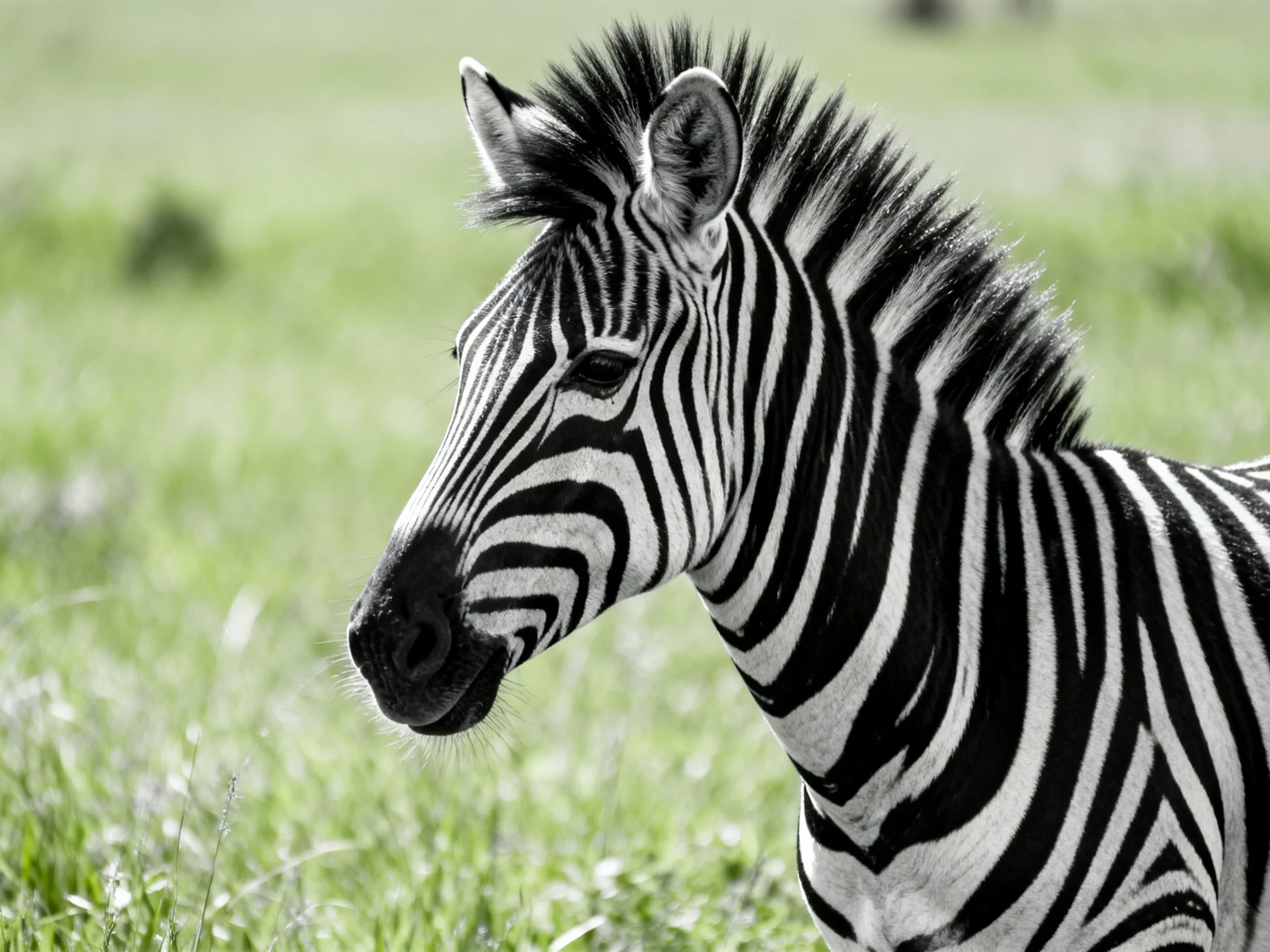A young zebra with striking black-and-white stripes in a verdant grassland