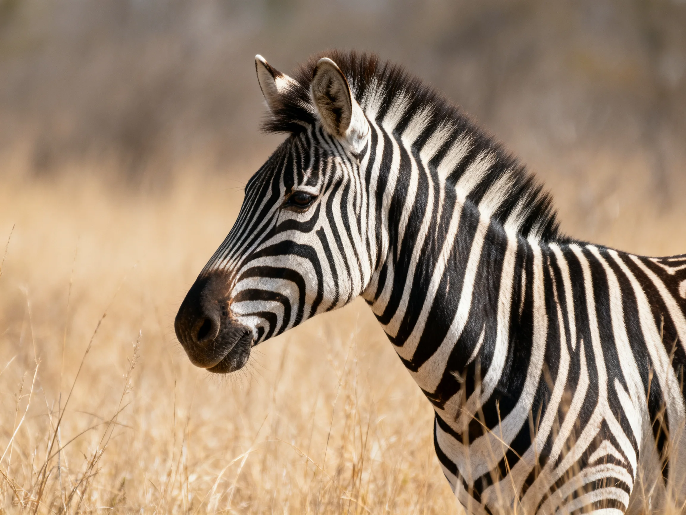 A young zebra with black-and-white stripes stands in dry savannah grass.