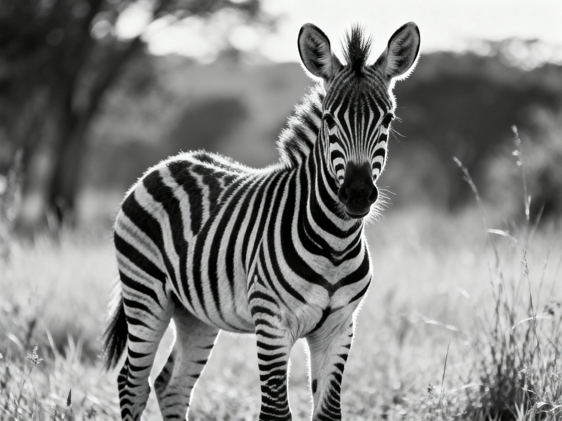 A young zebra’s bold black-and-white stripes in a grassy landscape